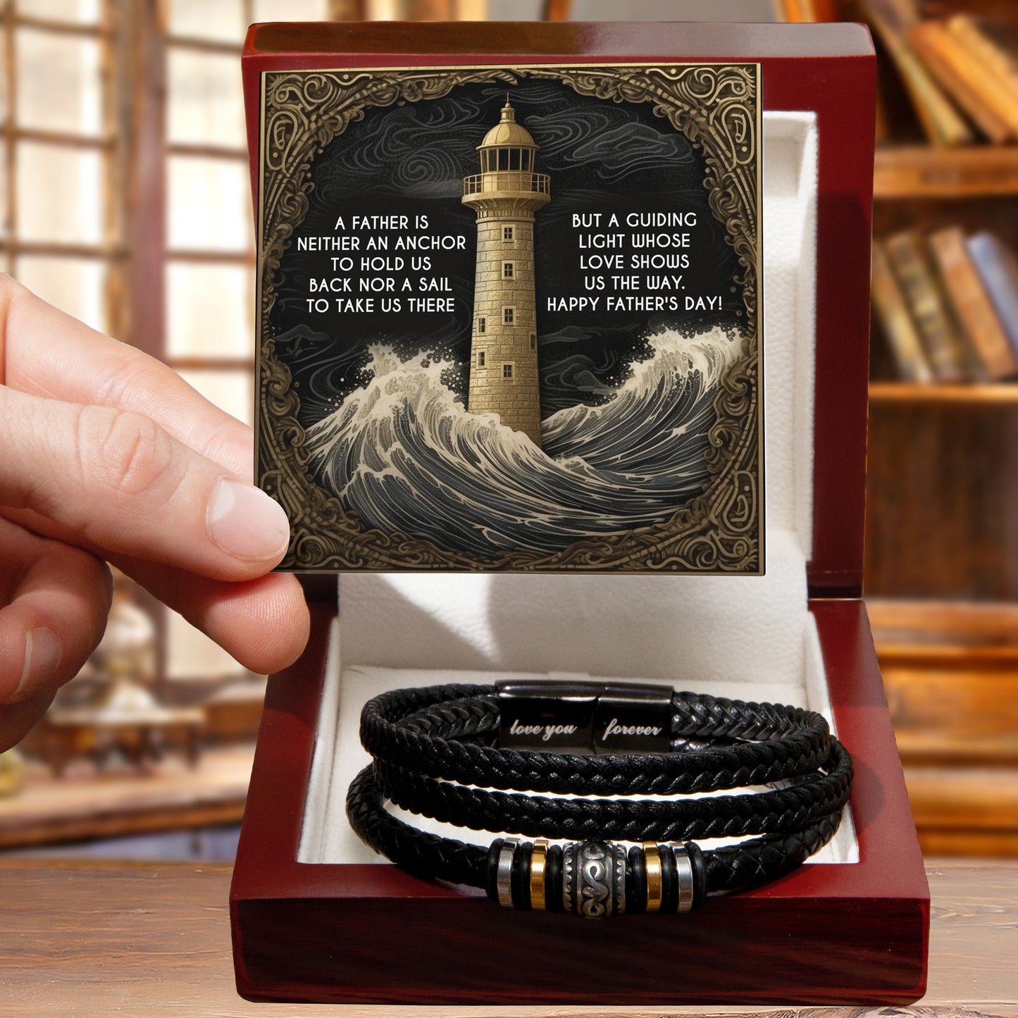 Dad Vegan Leather Bracelet Father's Day Gift - with Inspirational “Guiding Light” Lighthouse Message Card - Mallard Moon Gift Shop