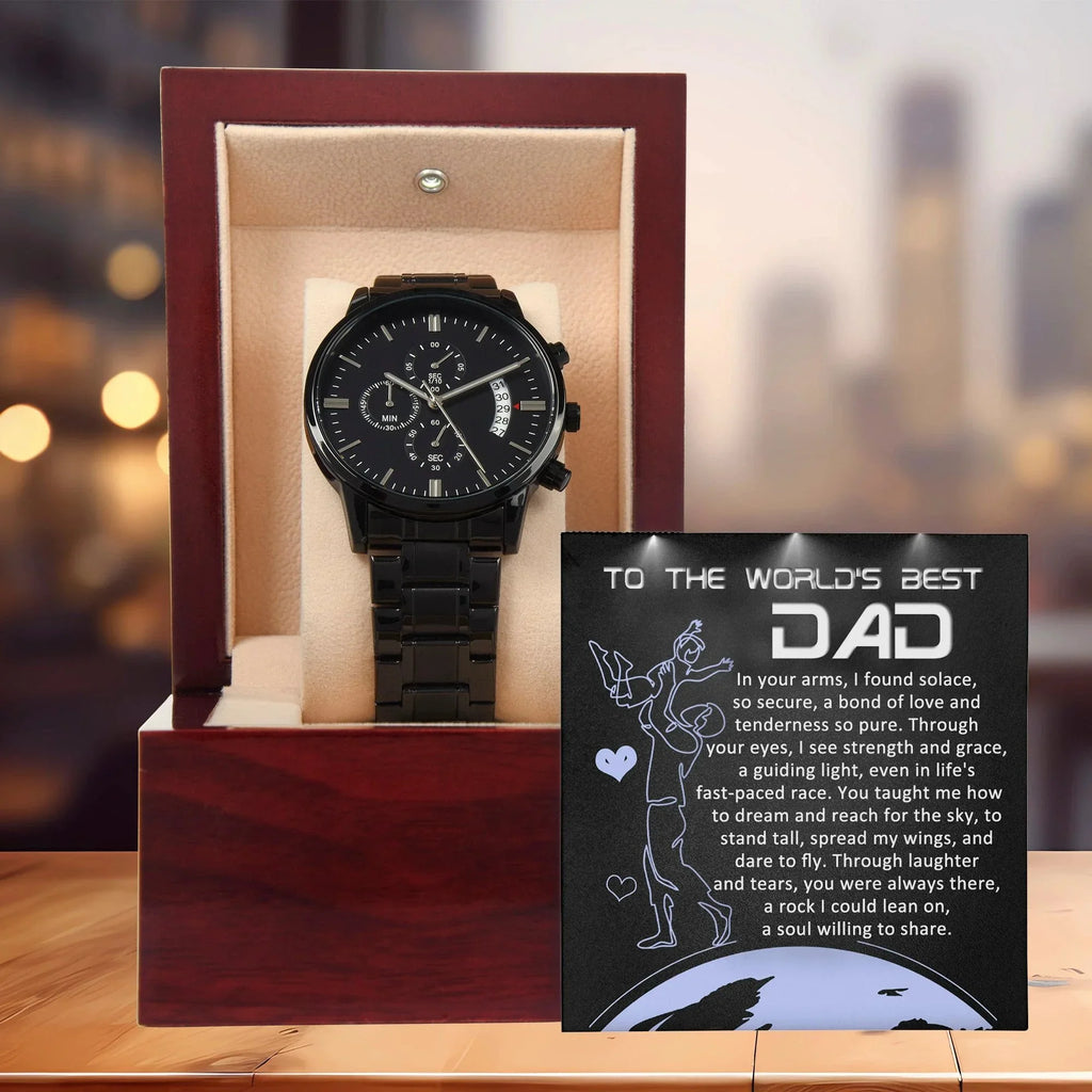 World's Best Dad Luxury Black Chronograph Watch with Guiding Light Message Card – Thoughtful Father's Day Gift from Son or Daughter – Water-Resistant, Stainless-Steel Keepsake Timepiece