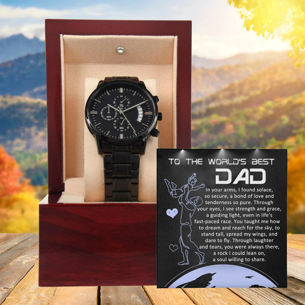 World's Best Dad Luxury Black Chronograph Watch with Guiding Light Message Card – Thoughtful Father's Day Gift from Son or Daughter – Water-Resistant, Stainless-Steel Keepsake Timepiece