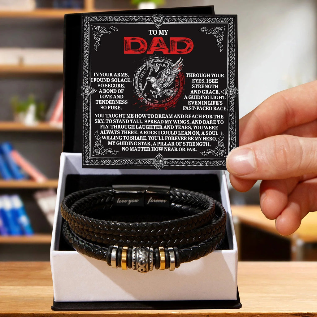 To My Dad Father's Day Gift - Men's Vegan Leather Bracelet with Bold Viking-Inspired “Guiding Light” Message Card -- Meaningful Gift for Dad from Son or Daughter
