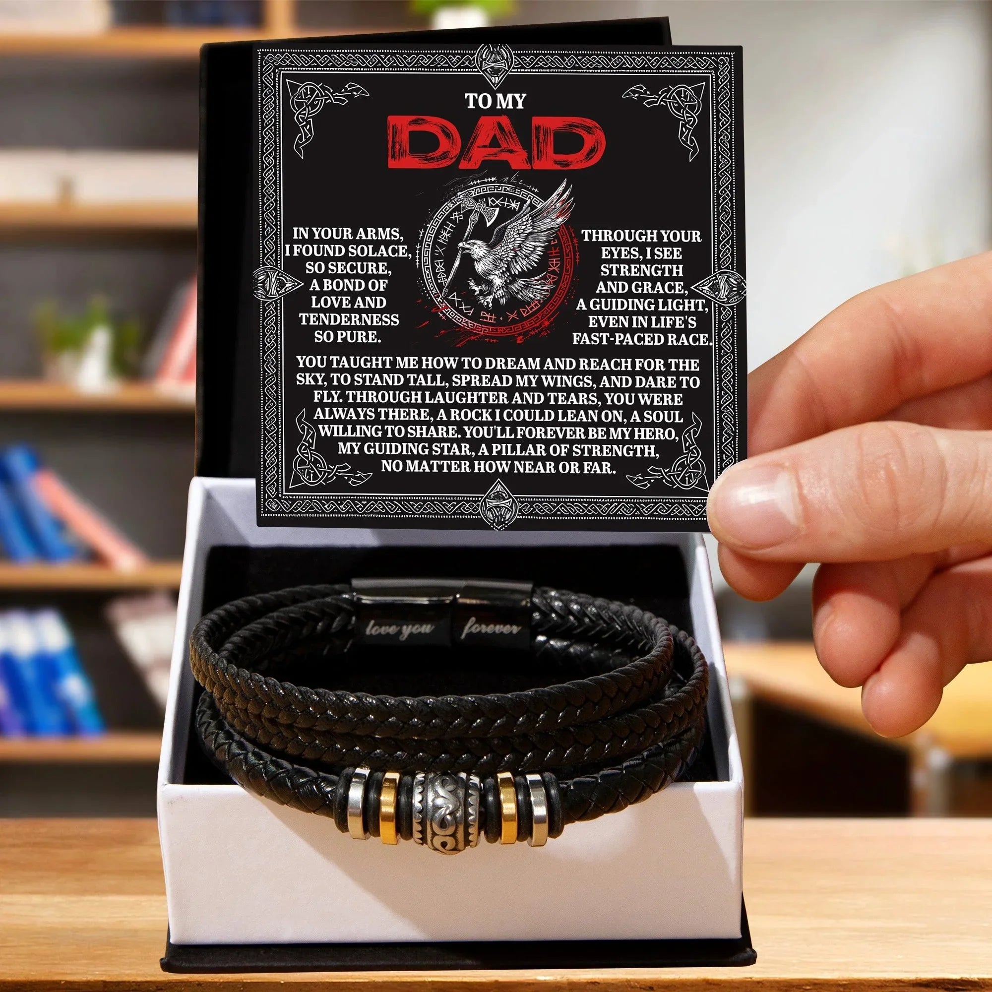 To My Dad Father's Day Gift - Men's Vegan Leather Bracelet with Bold Viking-Inspired “Guiding Light” Message Card -- Meaningful Gift for Dad from Son or Daughter