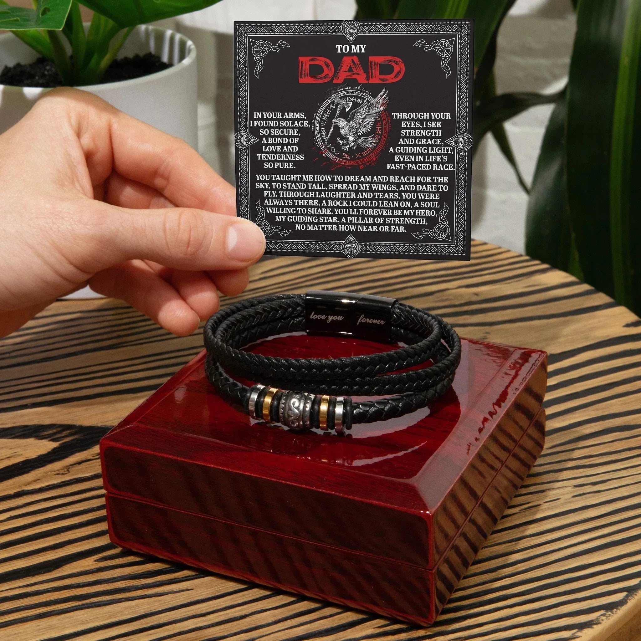 To My Dad Father's Day Gift - Men's Vegan Leather Bracelet with Bold Viking-Inspired “Guiding Light” Message Card -- Meaningful Gift for Dad from Son or Daughter