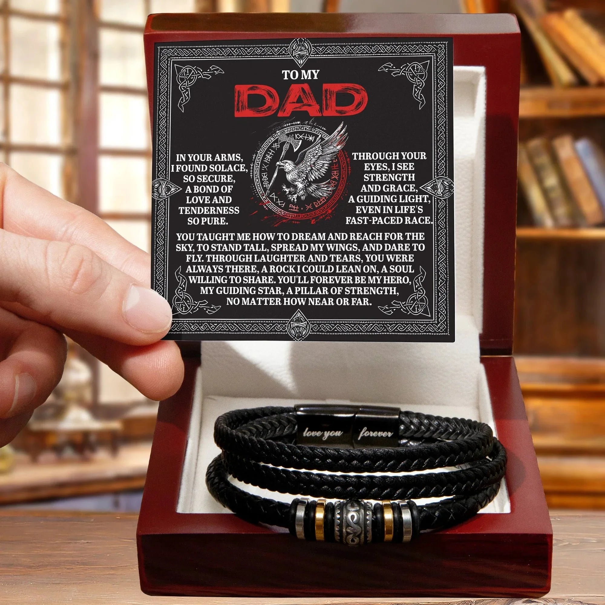 To My Dad Father's Day Gift - Men's Vegan Leather Bracelet with Bold Viking-Inspired “Guiding Light” Message Card -- Meaningful Gift for Dad from Son or Daughter