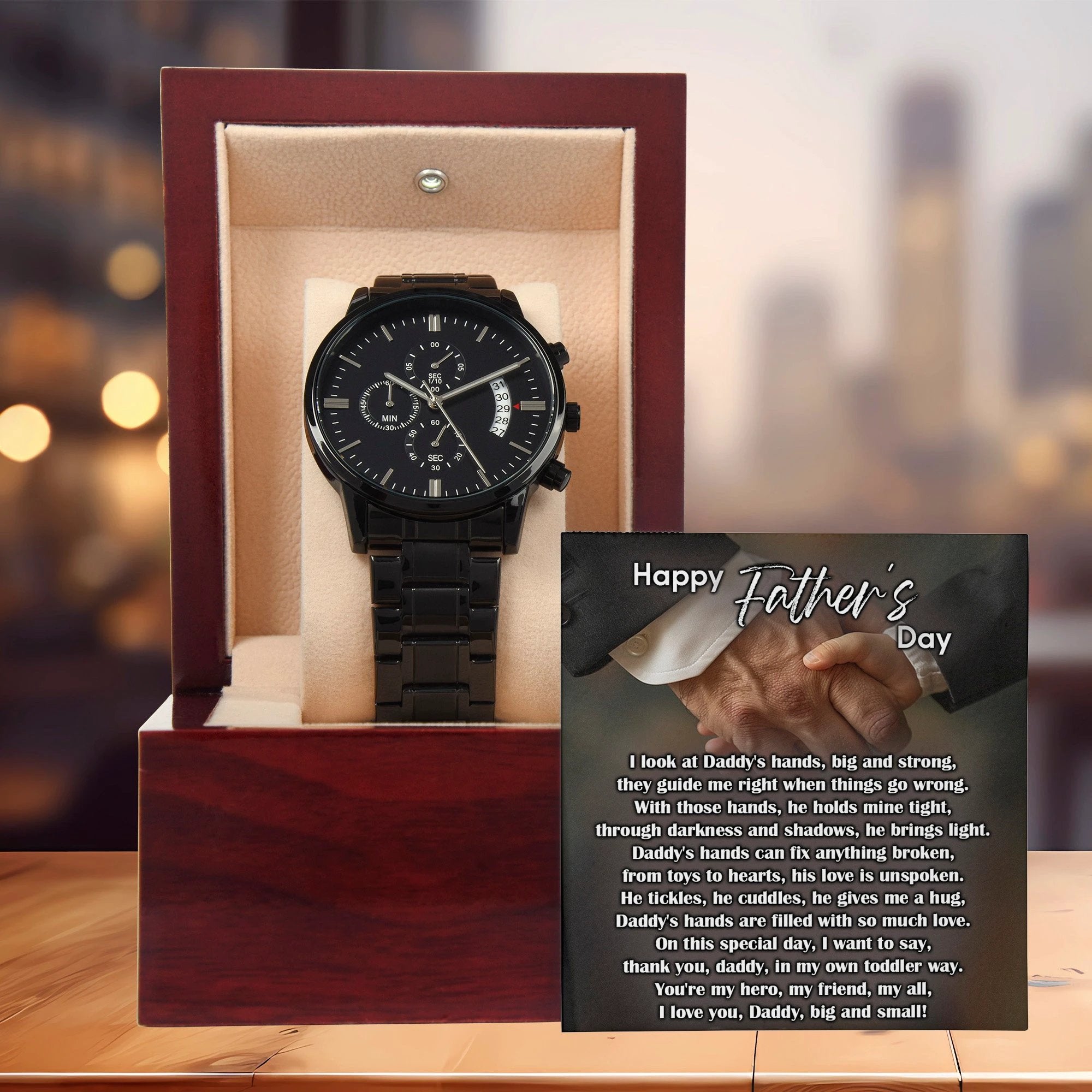 To My Dad Black Chronograph Watch - Daddy's Hands Father's Day Gift from Daughter or Son - Sentimental Watch for Dad - Birthday, Christmas, Appreciation Gift for Father