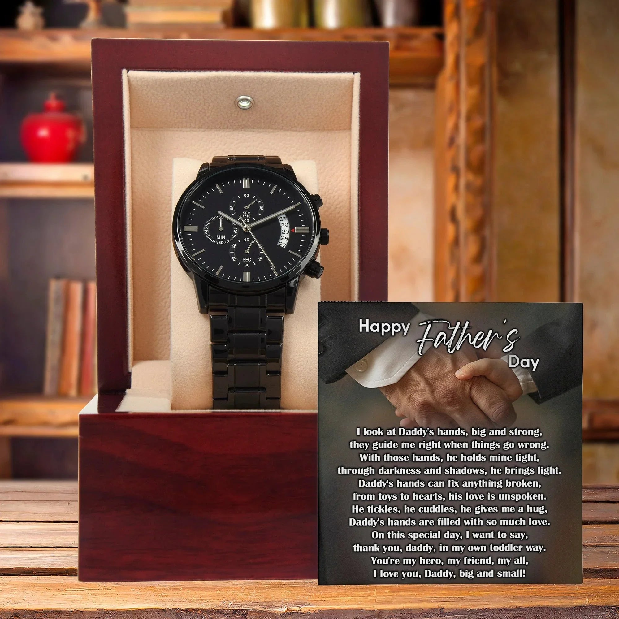 To My Dad Black Chronograph Watch - Daddy's Hands Father's Day Gift from Daughter or Son - Sentimental Watch for Dad - Birthday, Christmas, Appreciation Gift for Father