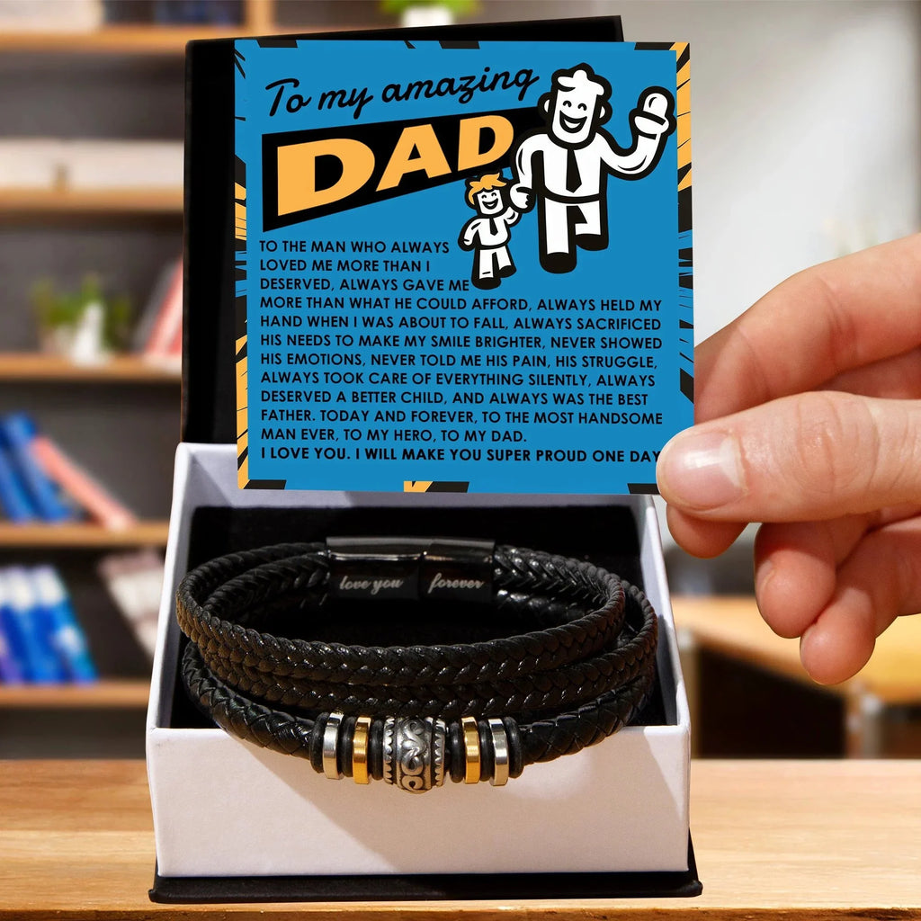 To My Amazing Dad Vegan Leather Bracelet Birthday, Father's Day Gift - with Comic-Style “Handsome Hero” Message Card