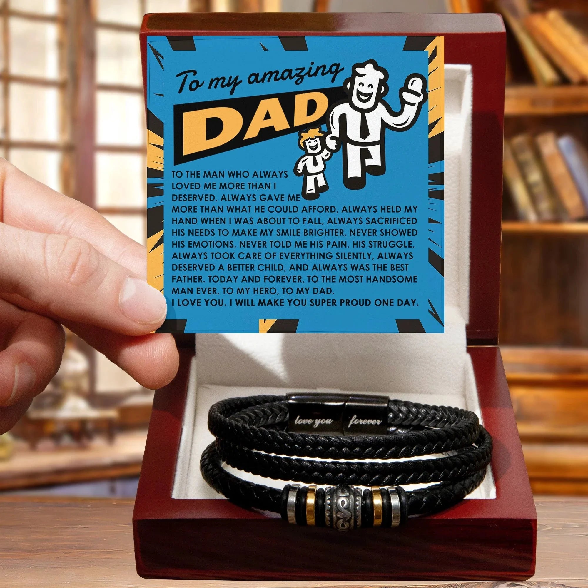 To My Amazing Dad Vegan Leather Bracelet Birthday, Father's Day Gift - with Comic-Style “Handsome Hero” Message Card