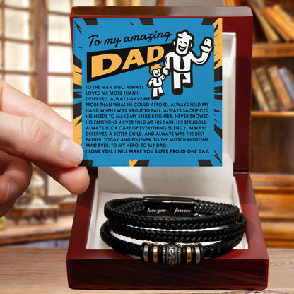 To My Amazing Dad Vegan Leather Bracelet Birthday, Father's Day Gift - with Comic-Style “Handsome Hero” Message Card - Mallard Moon Gift Shop