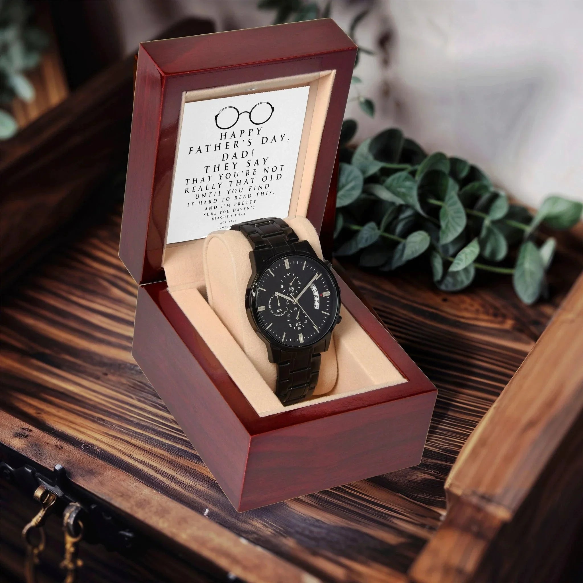 Funny Father's Day Black Chronograph Watch - "Not Really That Old Unless You Can't Read This" Message Card Gift from Son or Daughter