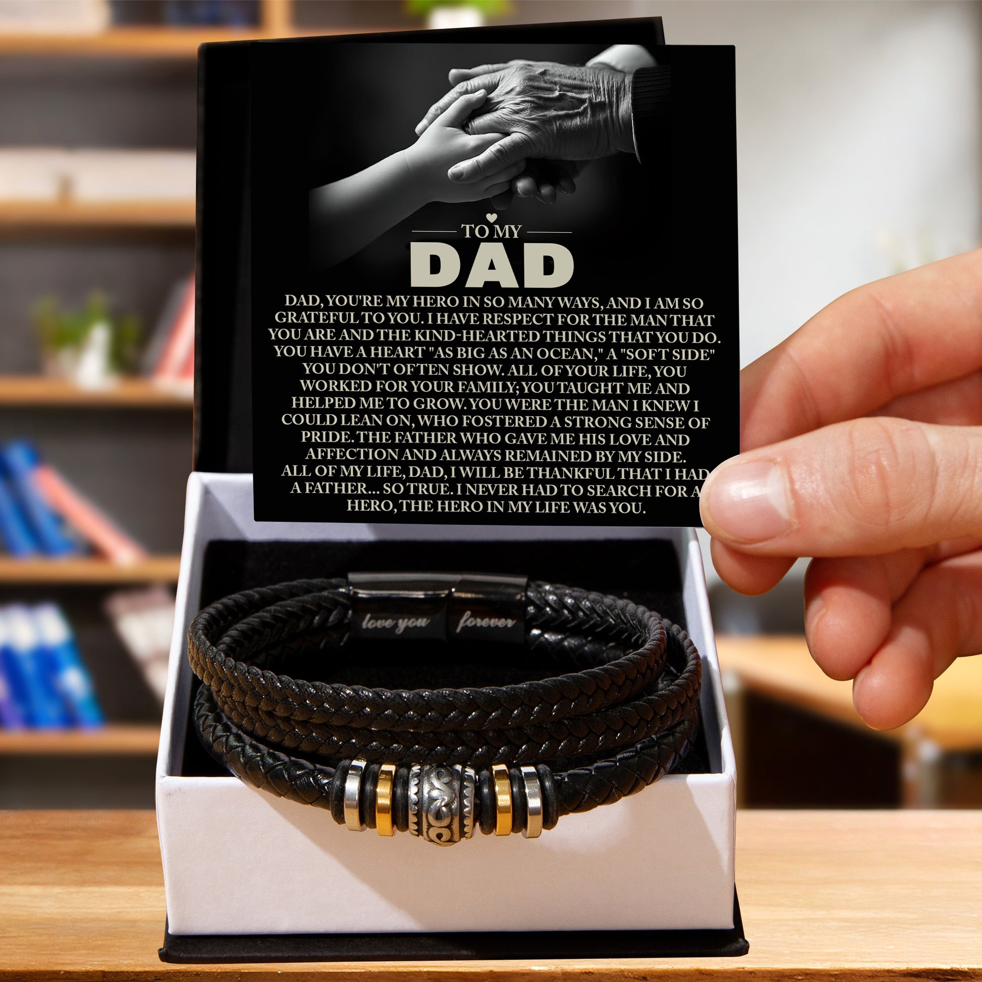 To My Dad Vegan Leather Bracelet Birthday, Father's Day Gift with Heartfelt “Hero in My Life” Message Card - Mallard Moon Gift Shop