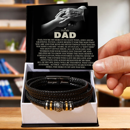 To My Dad Vegan Leather Bracelet Birthday, Father's Day Gift with Heartfelt “Hero in My Life” Message Card - Mallard Moon Gift Shop