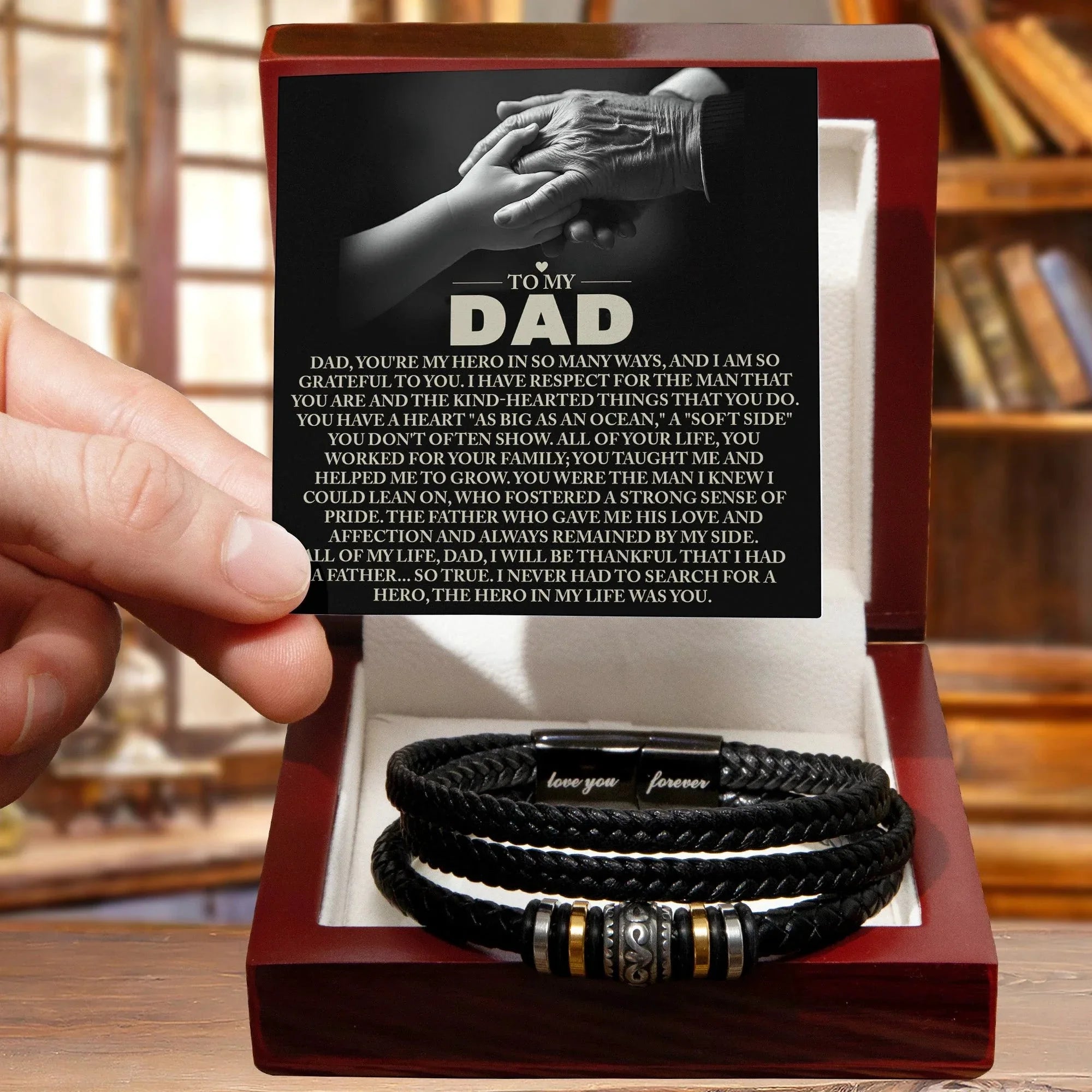 To My Dad Vegan Leather Bracelet Birthday, Father's Day Gift with Heartfelt “Hero in My Life” Message Card