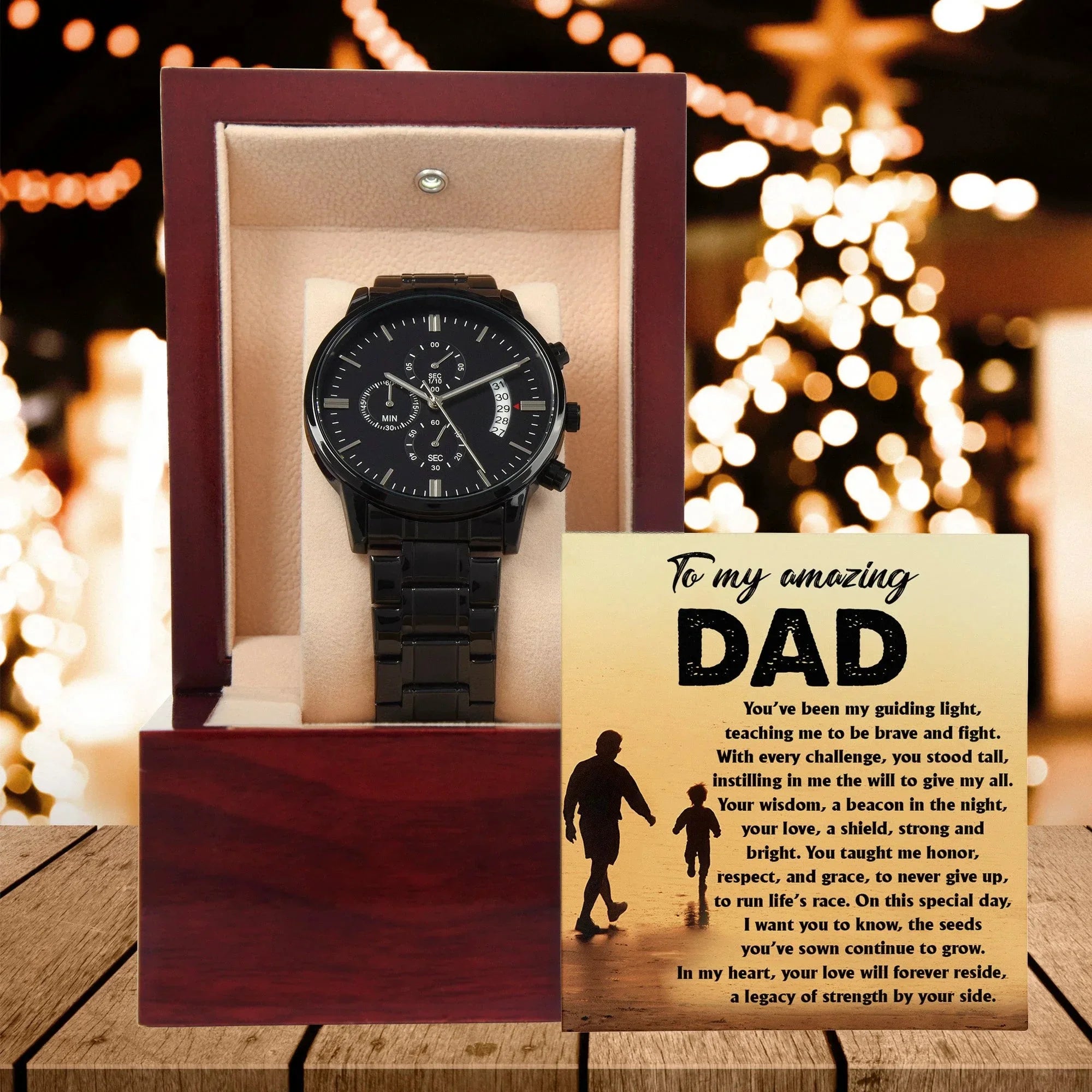 To My Amazing Dad - Legacy of Strength Watch | Sentimental Father's Day Gift from Son or Daughter | Luxury Black Chronograph Stainless Steel Watch with Heartfelt Message Card