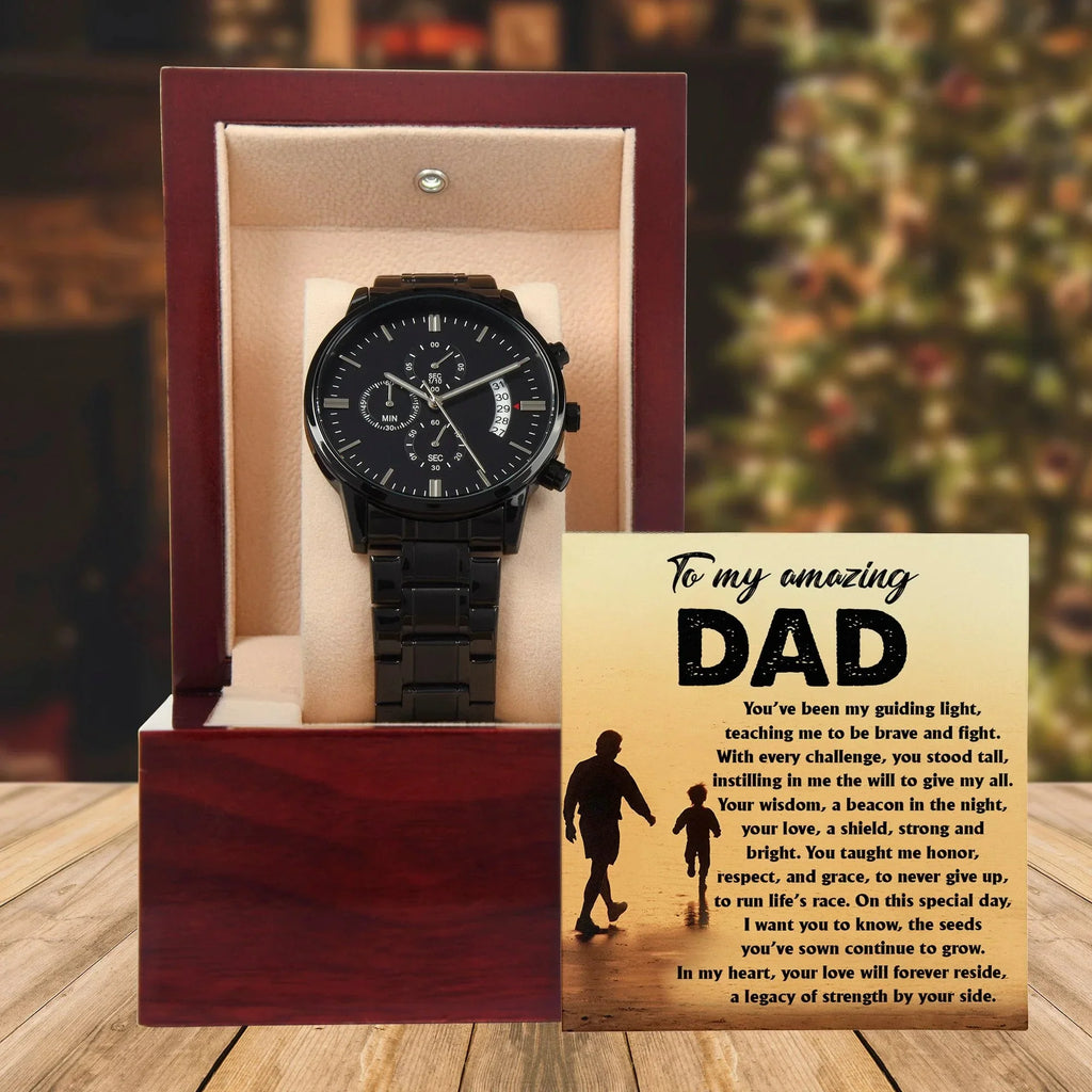 To My Amazing Dad - Legacy of Strength Watch | Sentimental Father's Day Gift from Son or Daughter | Luxury Black Chronograph Stainless Steel Watch with Heartfelt Message Card