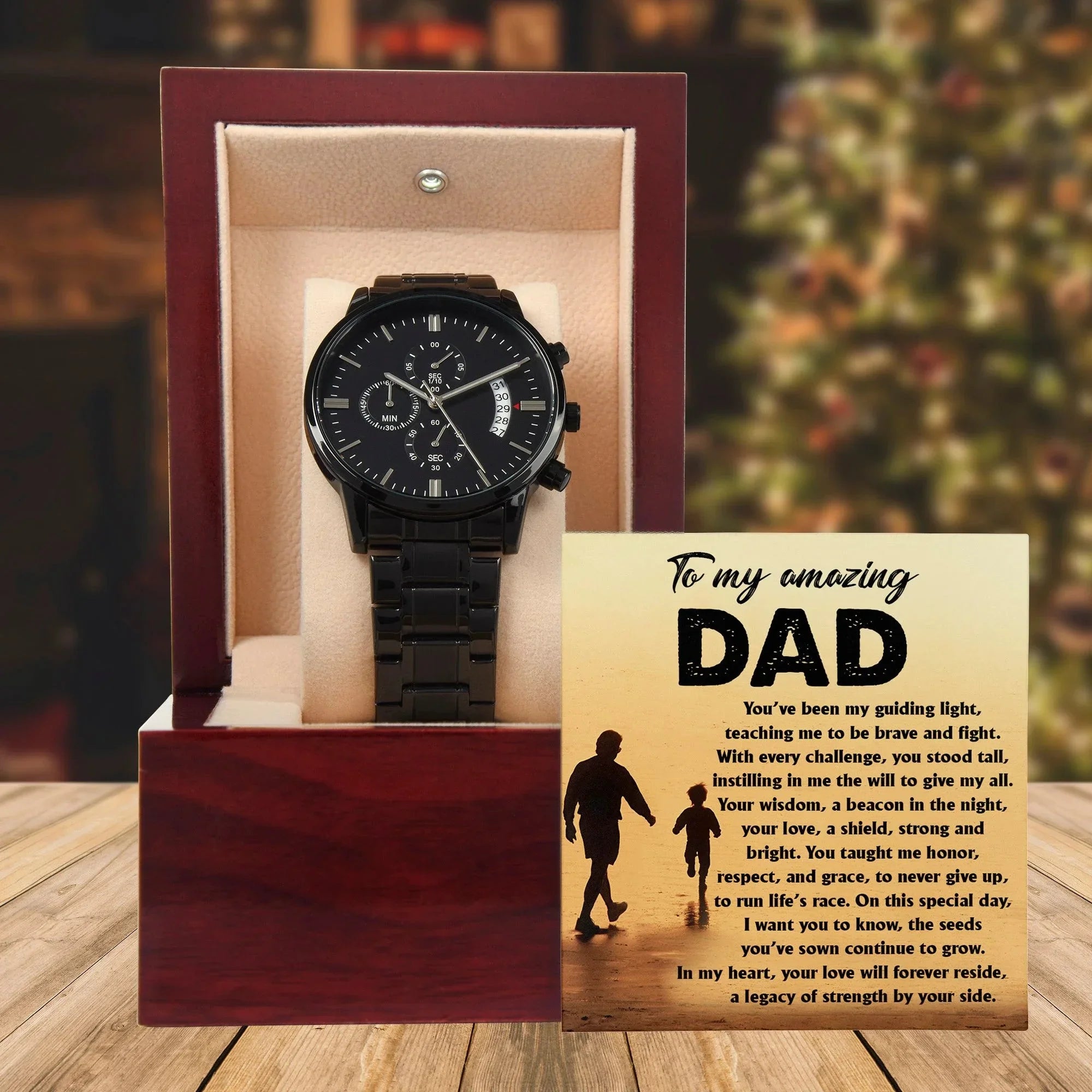 To My Amazing Dad - Legacy of Strength Watch | Sentimental Father's Day Gift from Son or Daughter | Luxury Black Chronograph Stainless Steel Watch with Heartfelt Message Card