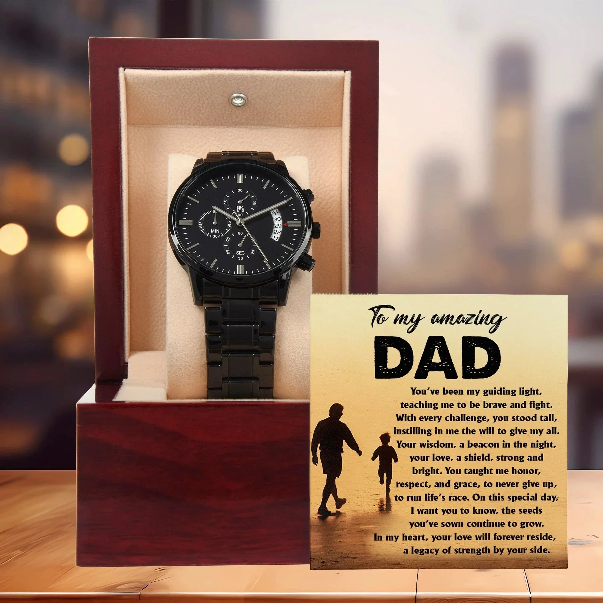 To My Amazing Dad - Legacy of Strength Watch | Sentimental Father's Day Gift from Son or Daughter | Luxury Black Chronograph Stainless Steel Watch with Heartfelt Message Card