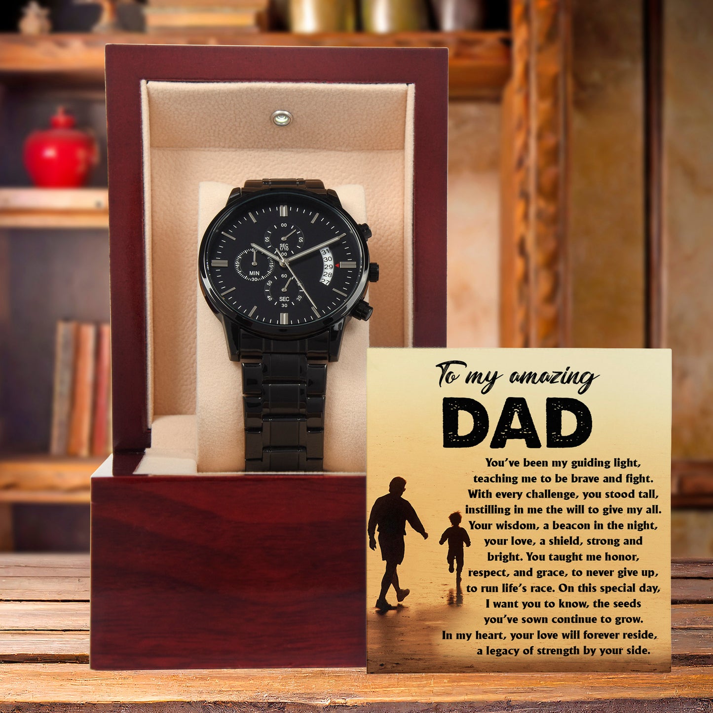To My Amazing Dad - Legacy of Strength Watch | Sentimental Father's Day Gift from Son or Daughter | Luxury Black Chronograph Stainless Steel Watch with Heartfelt Message Card - Mallard Moon Gift Shop