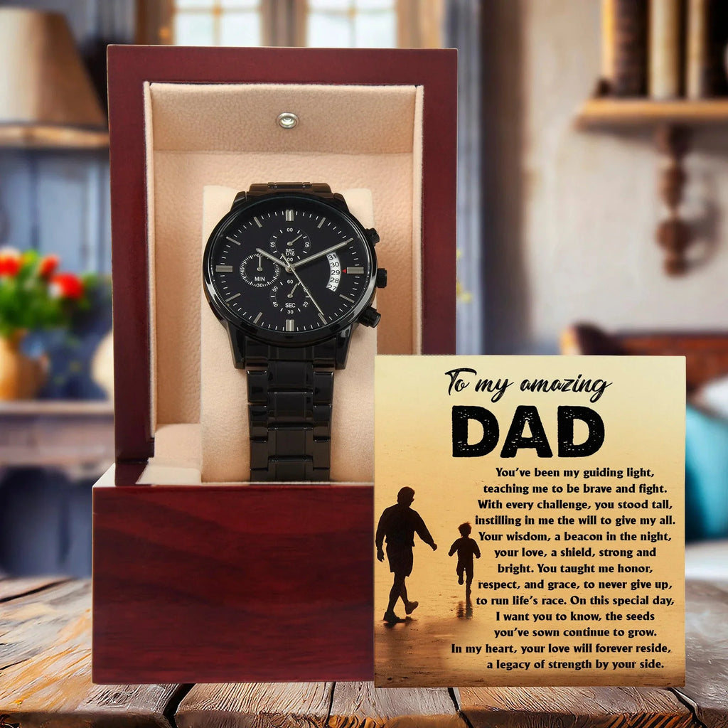 To My Amazing Dad - Legacy of Strength Watch | Sentimental Father's Day Gift from Son or Daughter | Luxury Black Chronograph Stainless Steel Watch with Heartfelt Message Card