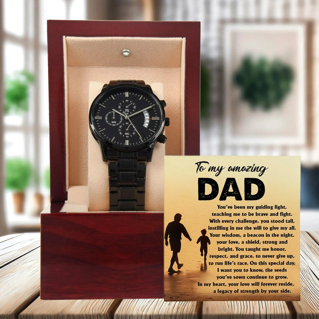 To My Amazing Dad - Legacy of Strength Watch | Sentimental Father's Day Gift from Son or Daughter | Luxury Black Chronograph Stainless Steel Watch with Heartfelt Message Card
