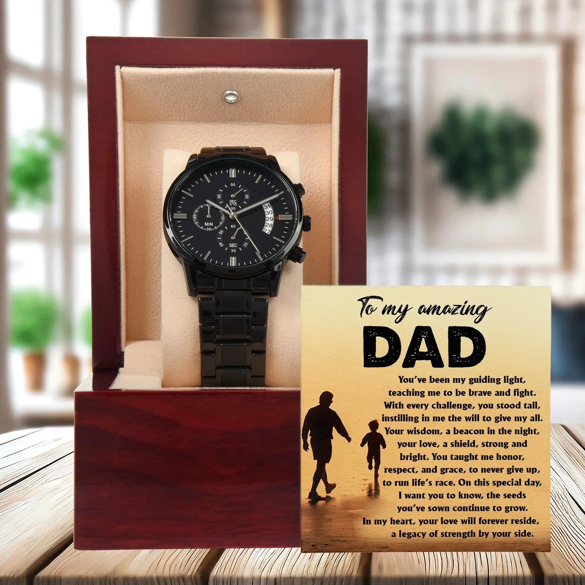 To My Amazing Dad - Legacy of Strength Watch | Sentimental Father's Day Gift from Son or Daughter | Luxury Black Chronograph Stainless Steel Watch with Heartfelt Message Card