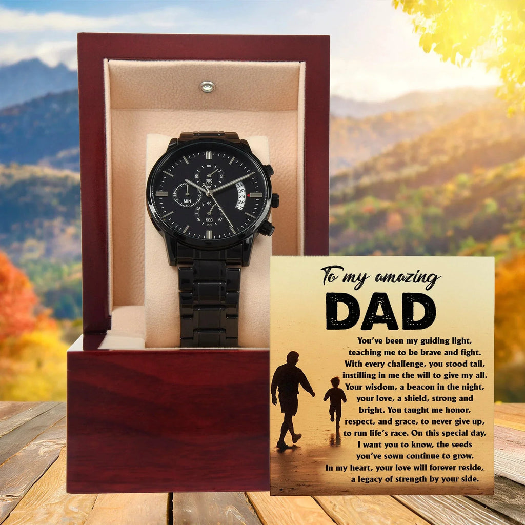 To My Amazing Dad - Legacy of Strength Watch | Sentimental Father's Day Gift from Son or Daughter | Luxury Black Chronograph Stainless Steel Watch with Heartfelt Message Card