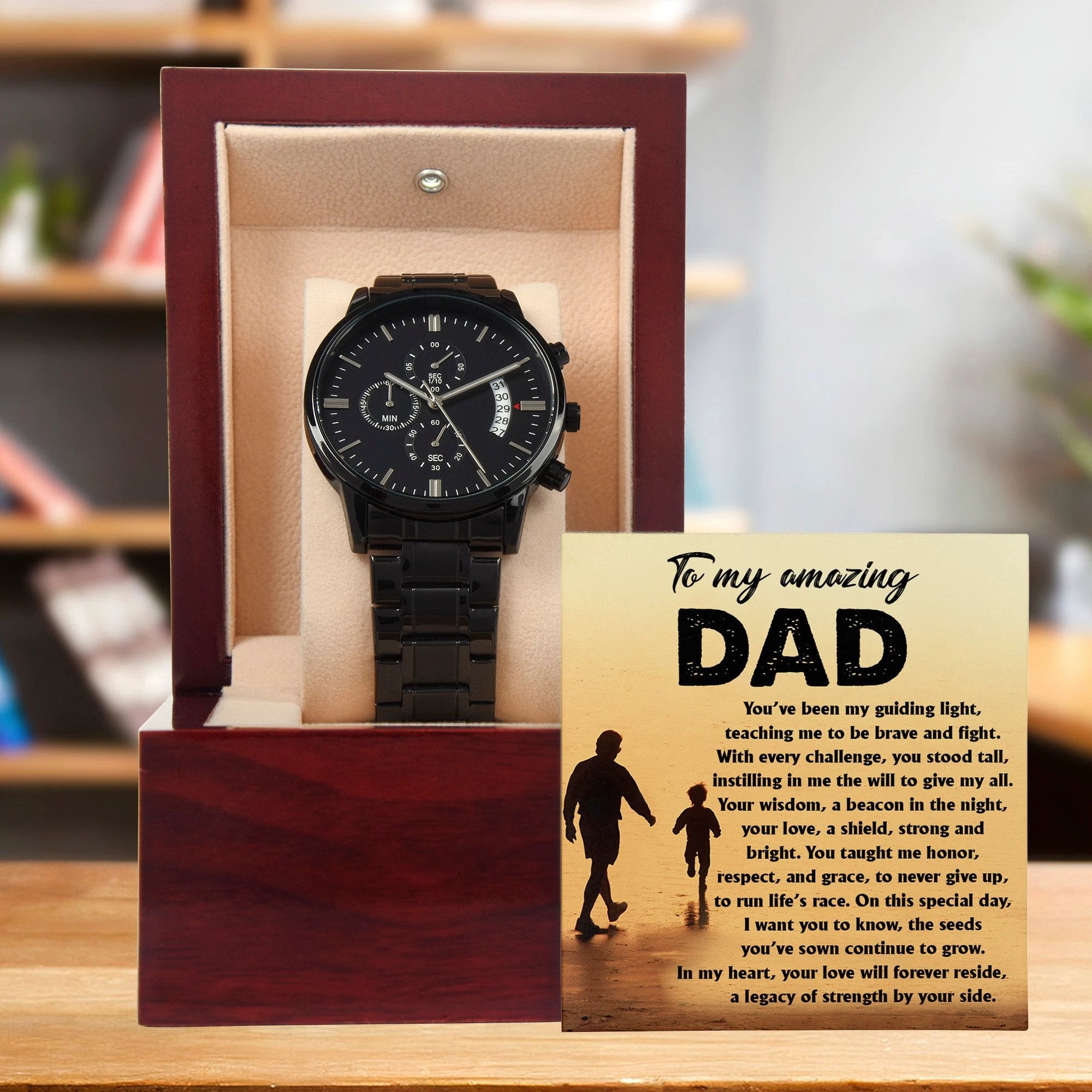 To My Amazing Dad - Legacy of Strength Watch | Sentimental Father's Day Gift from Son or Daughter | Luxury Black Chronograph Stainless Steel Watch with Heartfelt Message Card