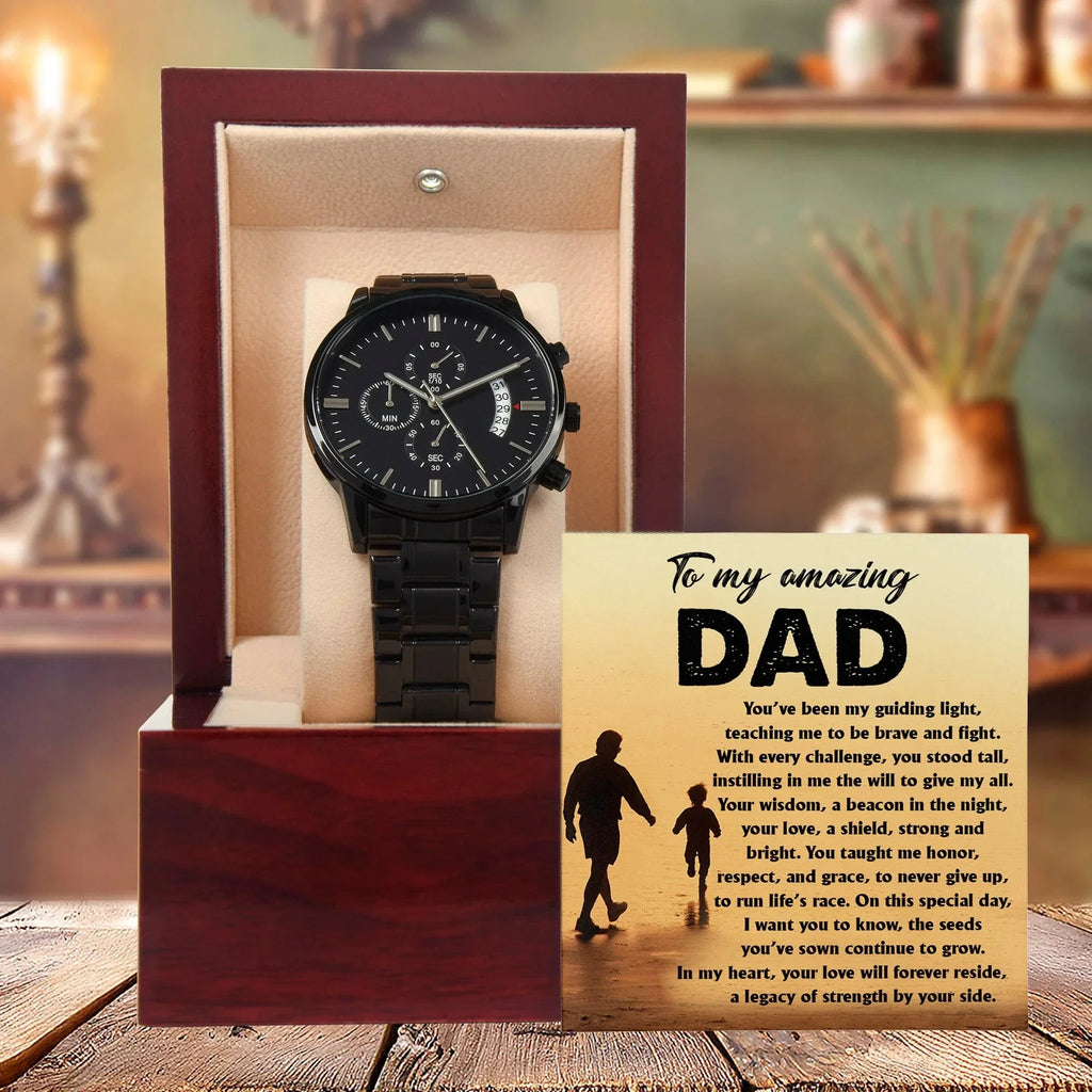 To My Amazing Dad - Legacy of Strength Watch | Sentimental Father's Day Gift from Son or Daughter | Luxury Black Chronograph Stainless Steel Watch with Heartfelt Message Card