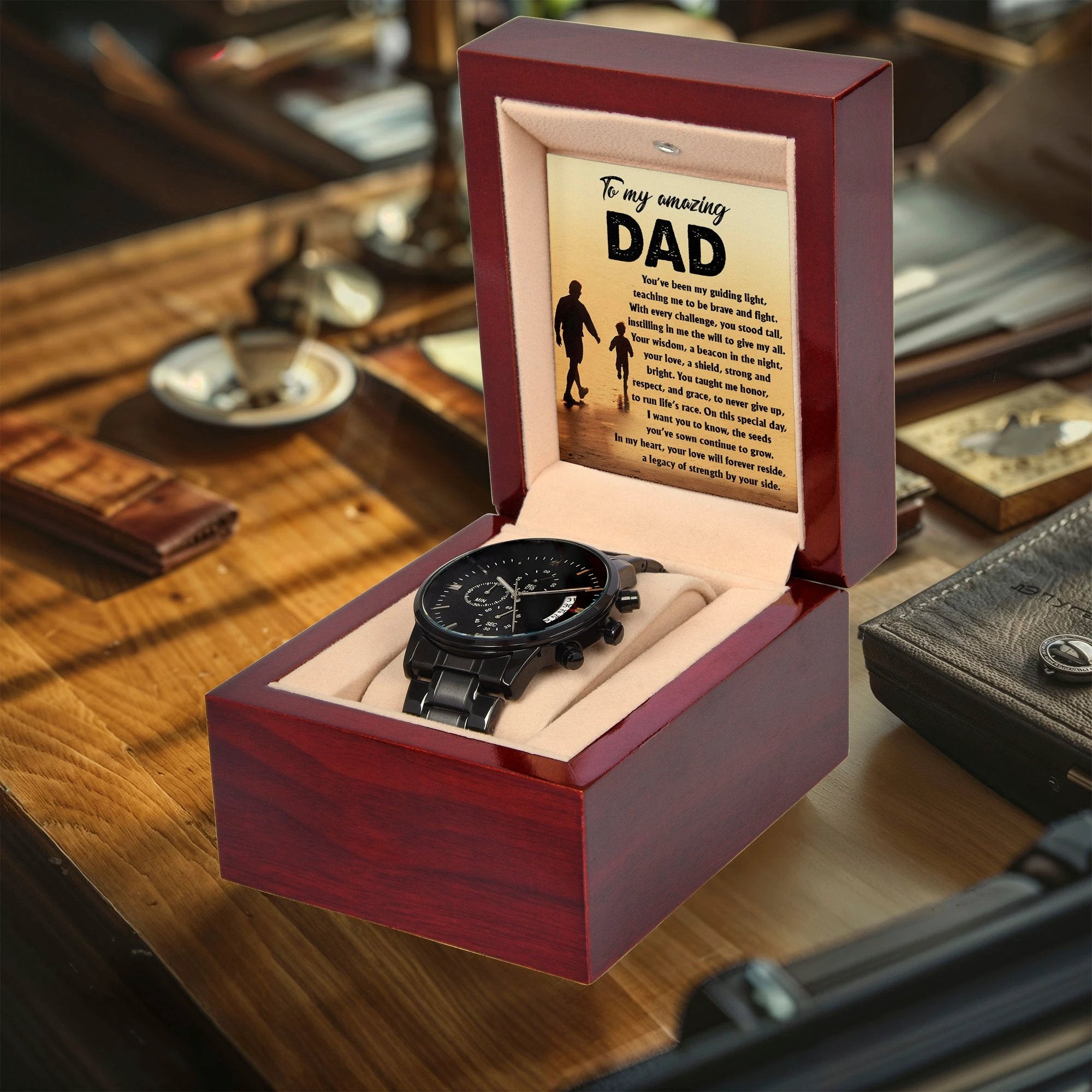 To My Amazing Dad - Legacy of Strength Watch | Sentimental Father's Day Gift from Son or Daughter | Luxury Black Chronograph Stainless Steel Watch with Heartfelt Message Card