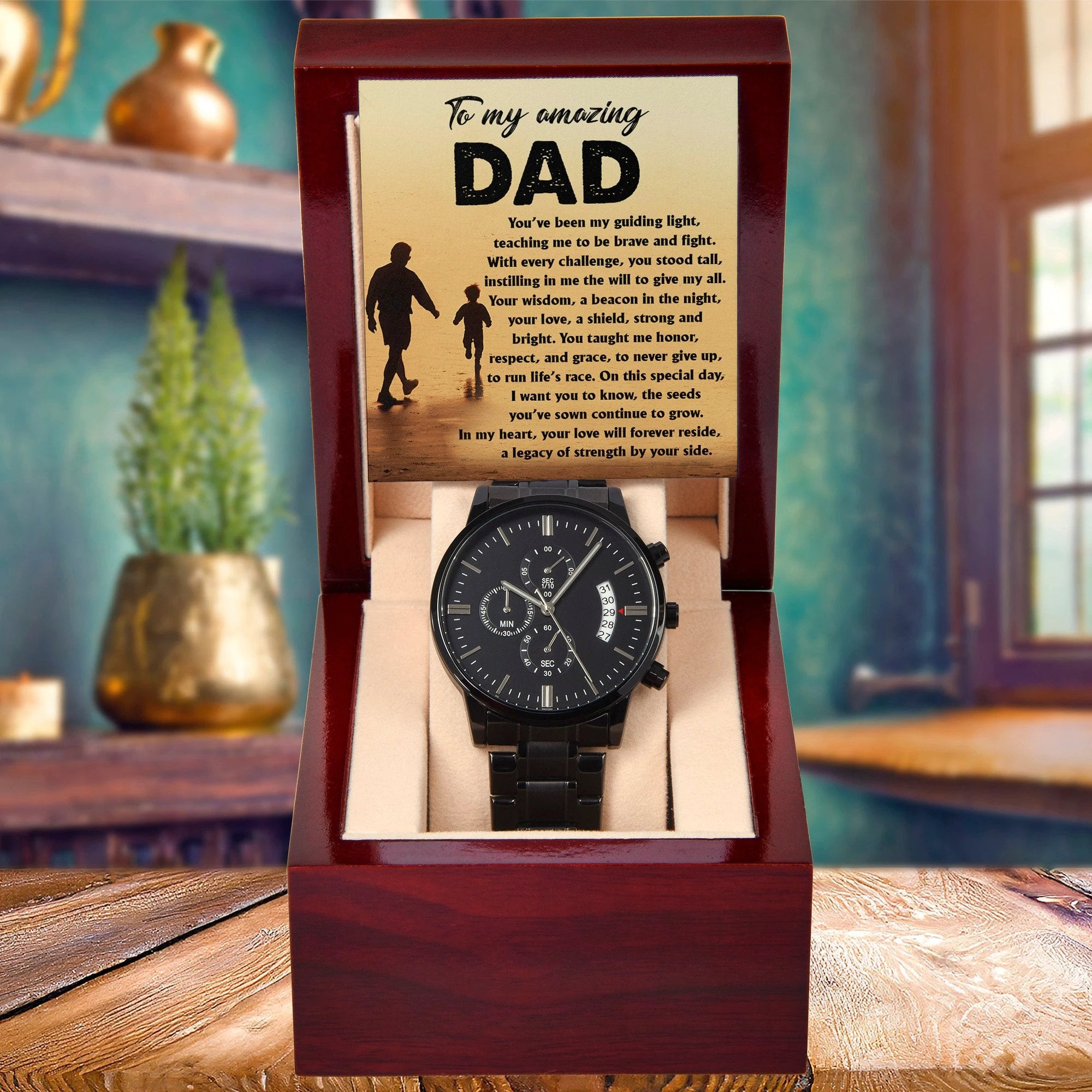To My Amazing Dad - Legacy of Strength Watch | Sentimental Father's Day Gift from Son or Daughter | Luxury Black Chronograph Stainless Steel Watch with Heartfelt Message Card