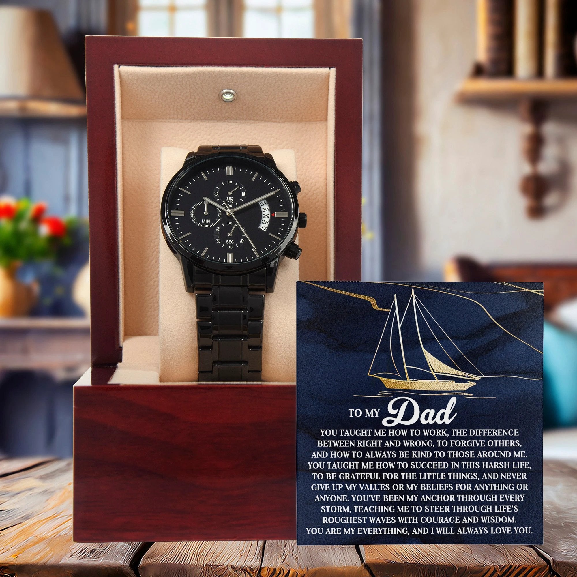 To My Dad Men's Black Chronograph Watch with Life Anchor Message Card – Father's Day Gift for Dad – Sentimental Gift from Son or Daughter – Water Resistant Luxury Timepiece
