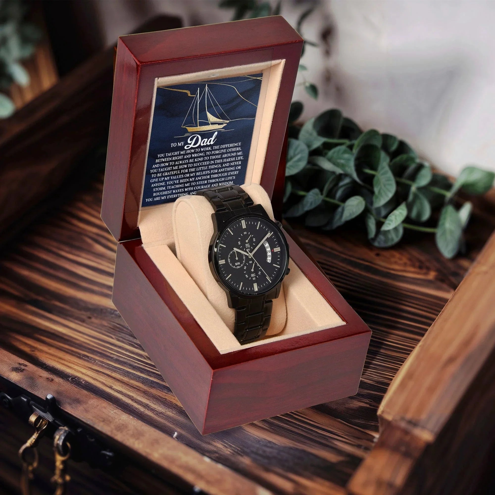 To My Dad Men's Black Chronograph Watch with Life Anchor Message Card – Father's Day Gift for Dad – Sentimental Gift from Son or Daughter – Water Resistant Luxury Timepiece