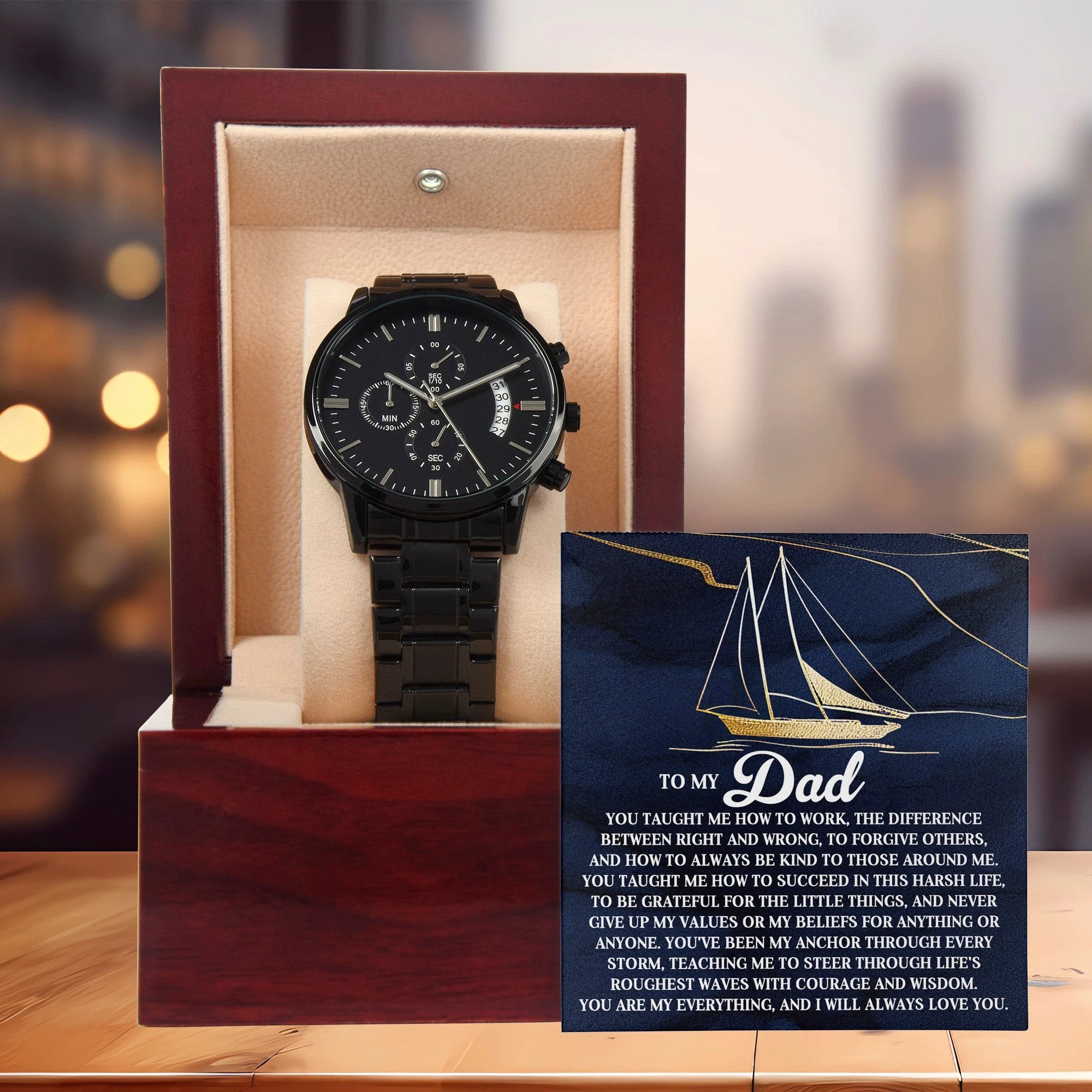 To My Dad Men's Black Chronograph Watch with Life Anchor Message Card – Father's Day Gift for Dad – Sentimental Gift from Son or Daughter – Water Resistant Luxury Timepiece