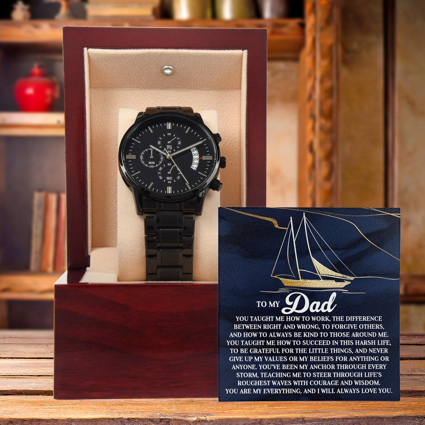 To My Dad Men's Black Chronograph Watch with Life Anchor Message Card – Father's Day Gift for Dad – Sentimental Gift from Son or Daughter – Water Resistant Luxury Timepiece - Mallard Moon Gift Shop