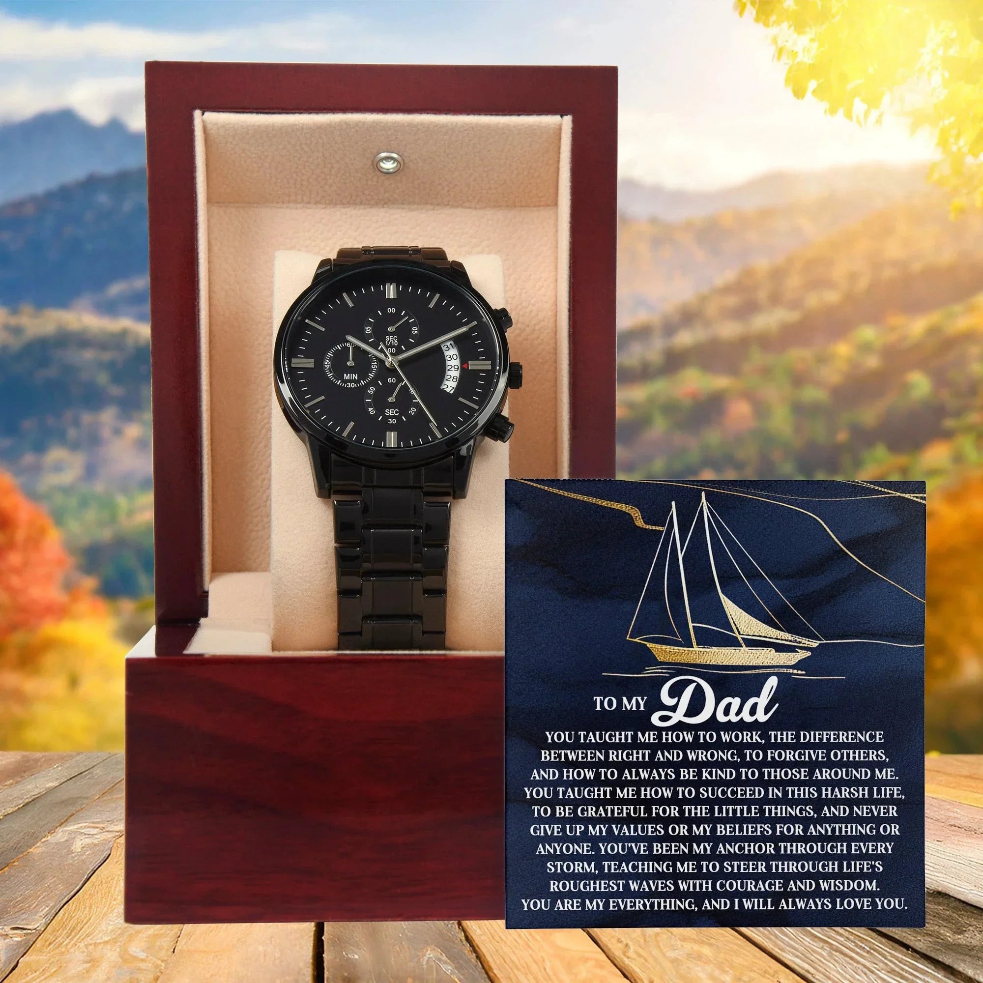 To My Dad Men's Black Chronograph Watch with Life Anchor Message Card – Father's Day Gift for Dad – Sentimental Gift from Son or Daughter – Water Resistant Luxury Timepiece