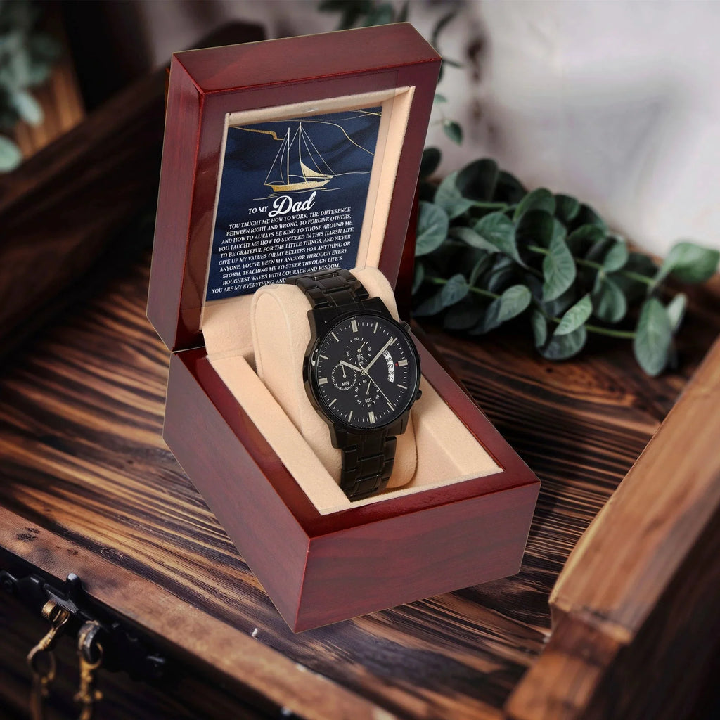 To My Dad Men's Black Chronograph Watch with Life Anchor Message Card – Father's Day Gift for Dad – Sentimental Gift from Son or Daughter – Water Resistant Luxury Timepiece