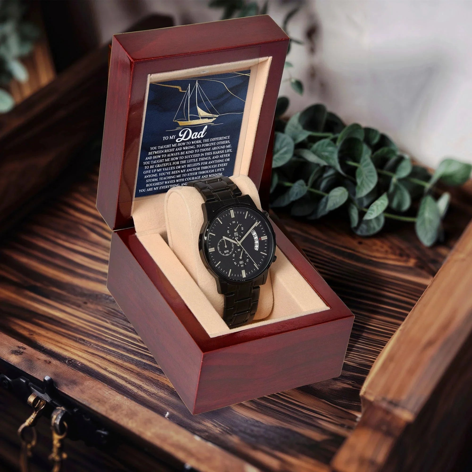 To My Dad Men's Black Chronograph Watch with Life Anchor Message Card – Father's Day Gift for Dad – Sentimental Gift from Son or Daughter – Water Resistant Luxury Timepiece