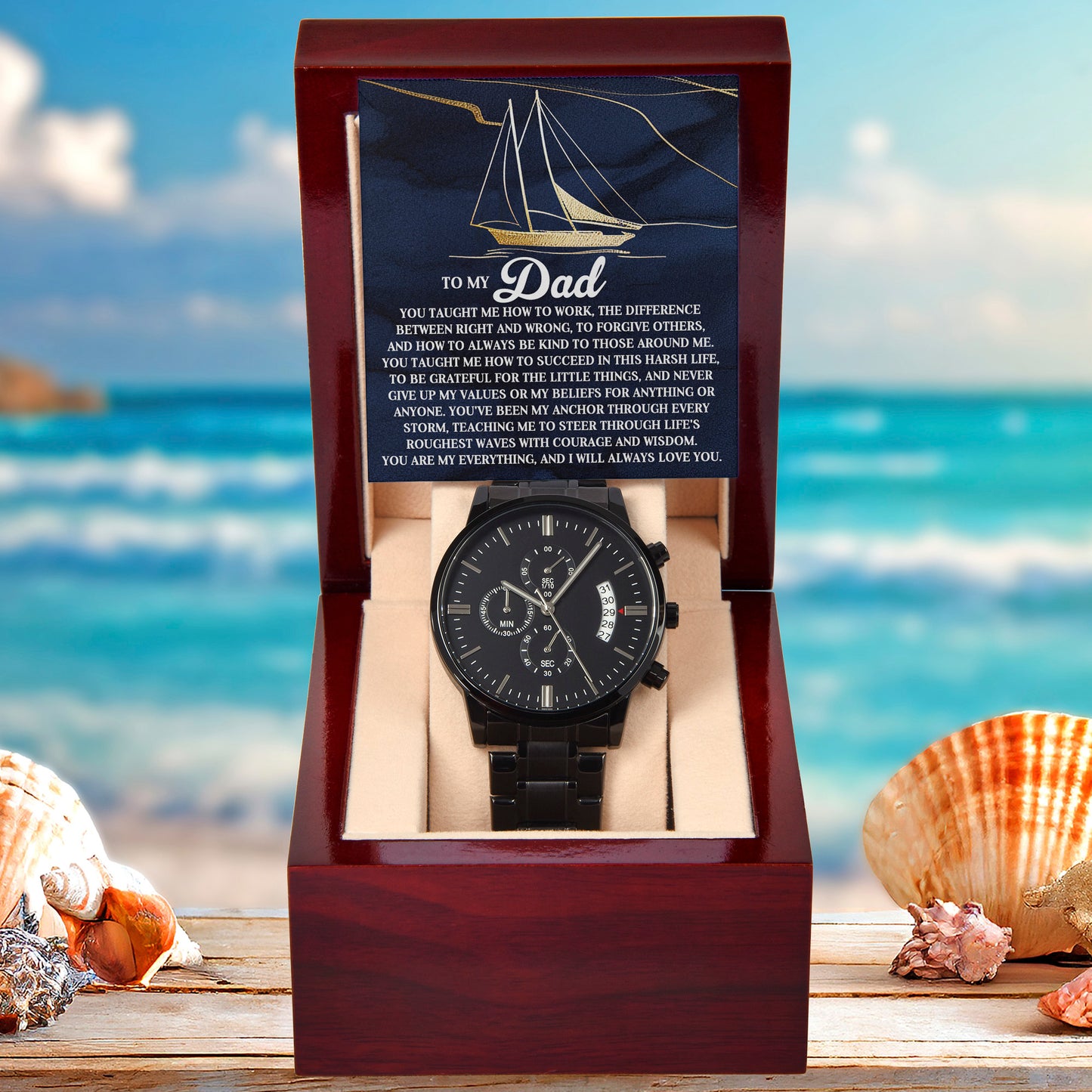 To My Dad Men's Black Chronograph Watch with Life Anchor Message Card – Father's Day Gift for Dad – Sentimental Gift from Son or Daughter – Water Resistant Luxury Timepiece - Mallard Moon Gift Shop