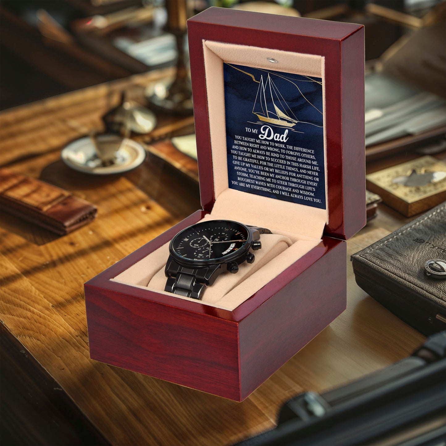 To My Dad Men's Black Chronograph Watch with Life Anchor Message Card – Father's Day Gift for Dad – Sentimental Gift from Son or Daughter – Water Resistant Luxury Timepiece - Mallard Moon Gift Shop
