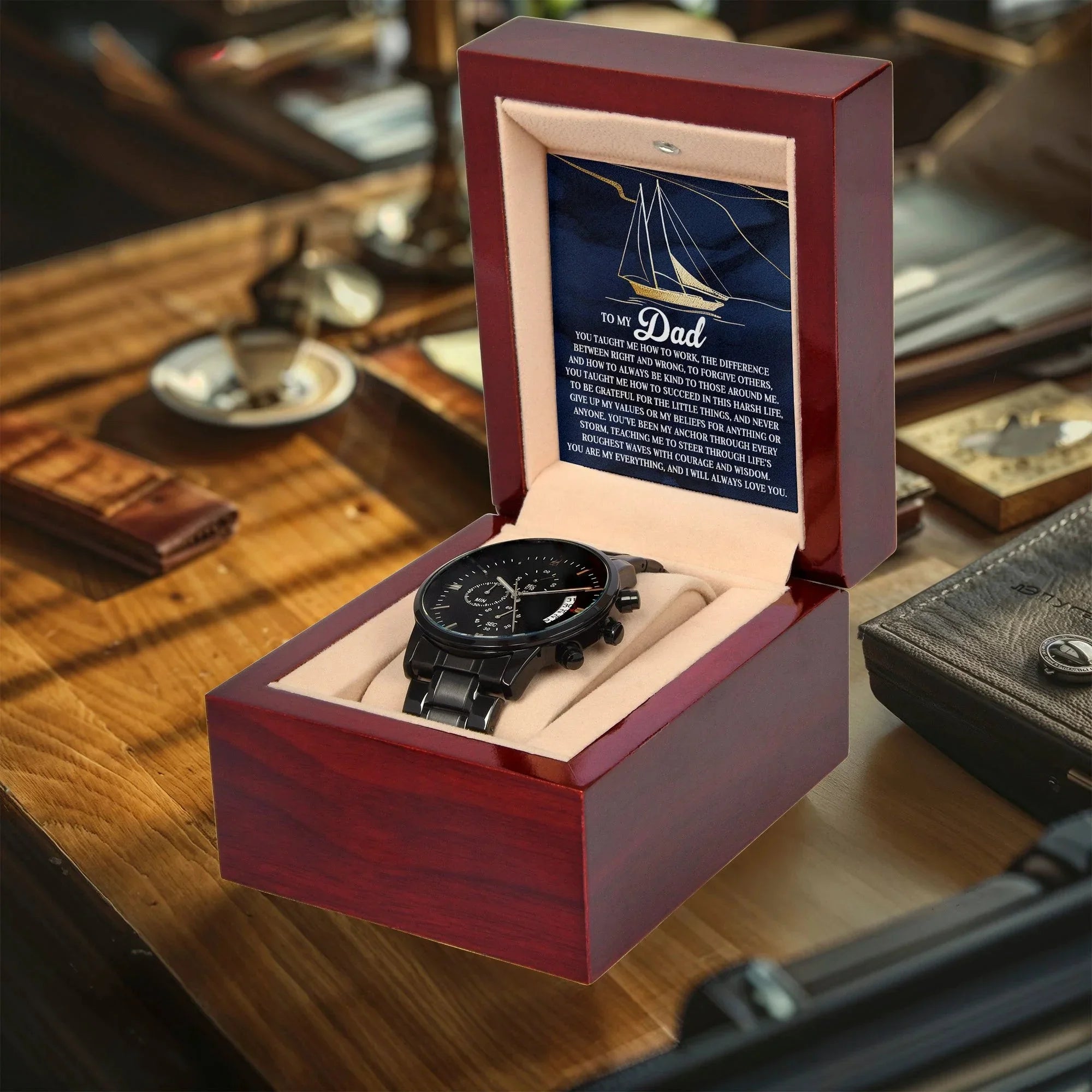 To My Dad Men's Black Chronograph Watch with Life Anchor Message Card – Father's Day Gift for Dad – Sentimental Gift from Son or Daughter – Water Resistant Luxury Timepiece