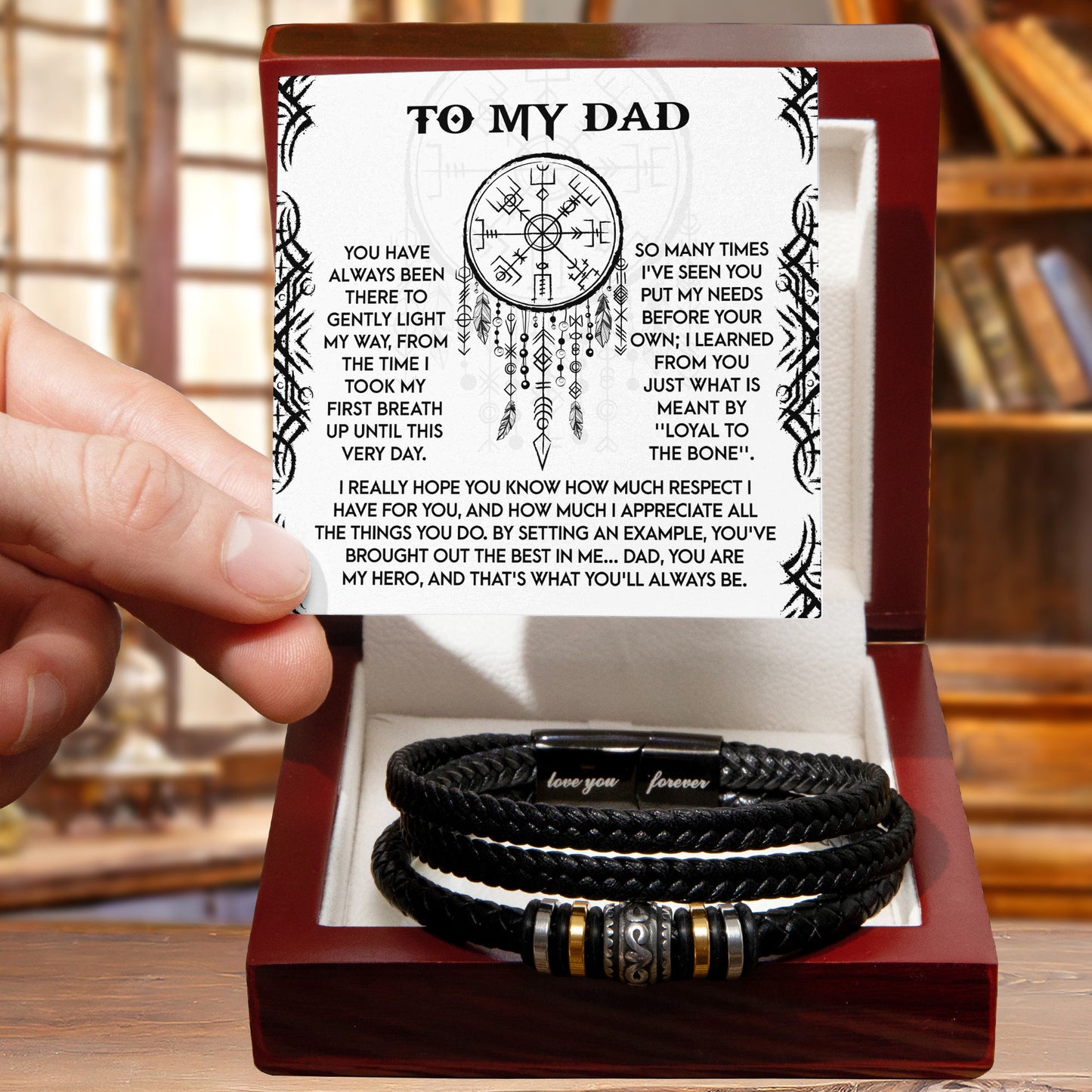 Loyal to the Bone Dad Bracelet – Viking-Inspired Gift for Father from Son or Daughter – Leather Bracelet with Sentimental Message Card - Mallard Moon Gift Shop