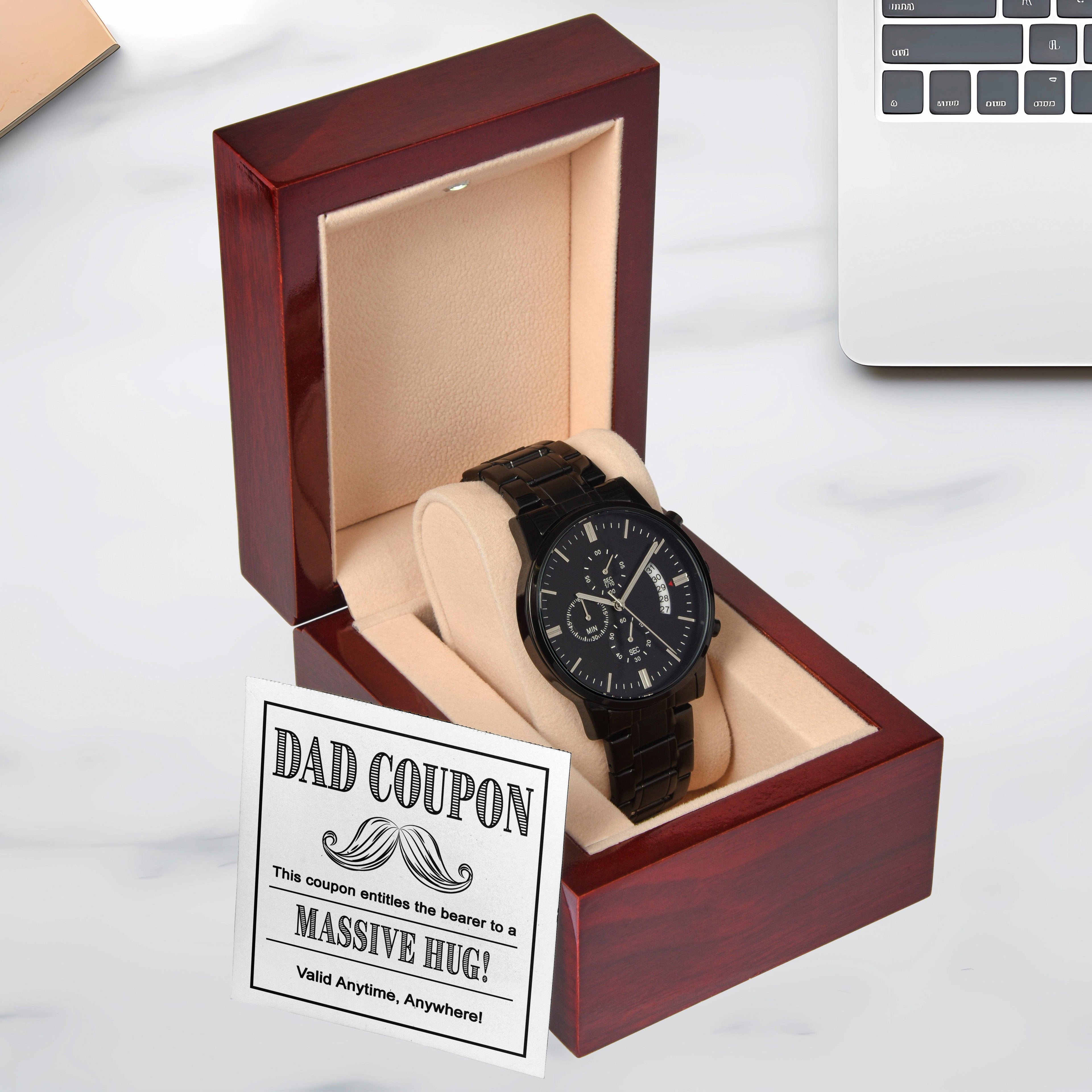 Gift for Dad - Coupon for Massive Hug - Black Chronograph Watch - Mallard Moon Gift Shop