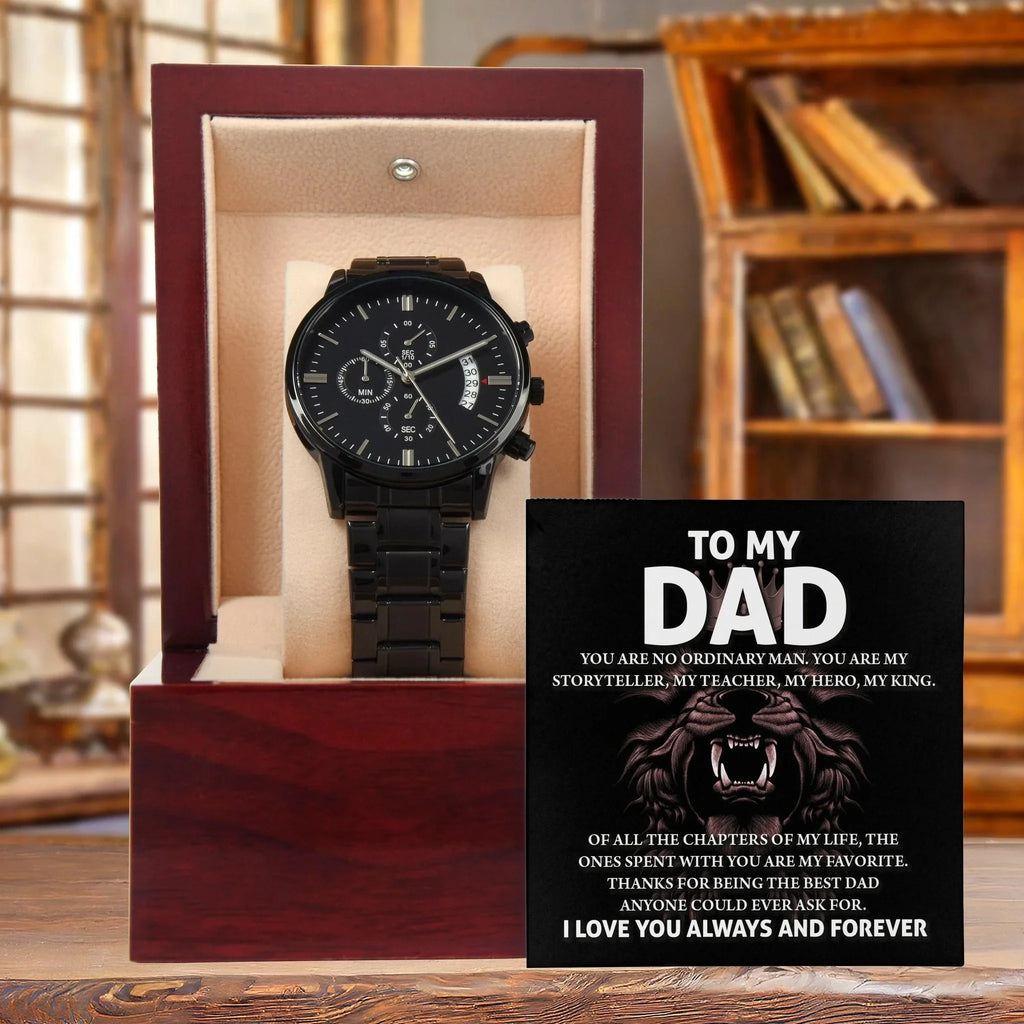 To My Dad Black Chronograph Watch – Hero Lion King Father Message Card Sentimental Father's Day Gift from Son or Daughter