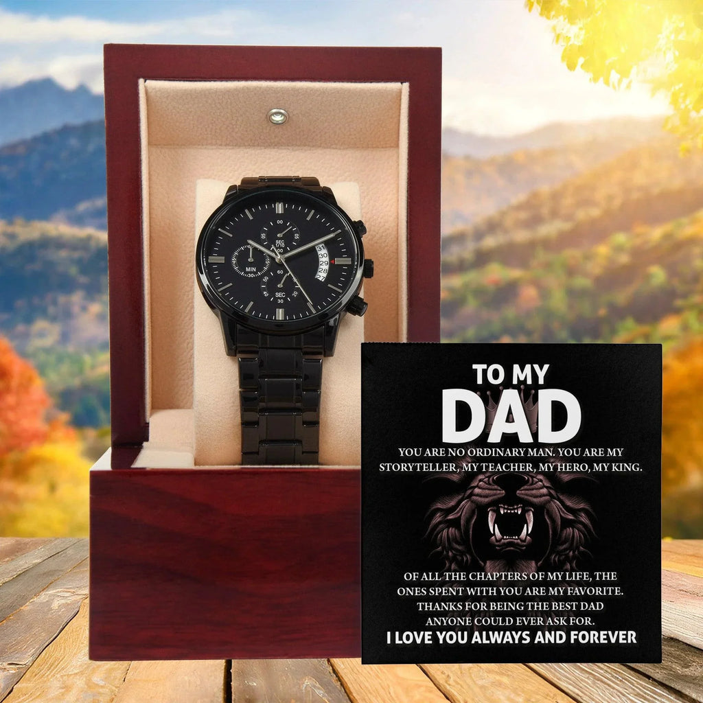 To My Dad Black Chronograph Watch – Hero Lion King Father Message Card Sentimental Father's Day Gift from Son or Daughter