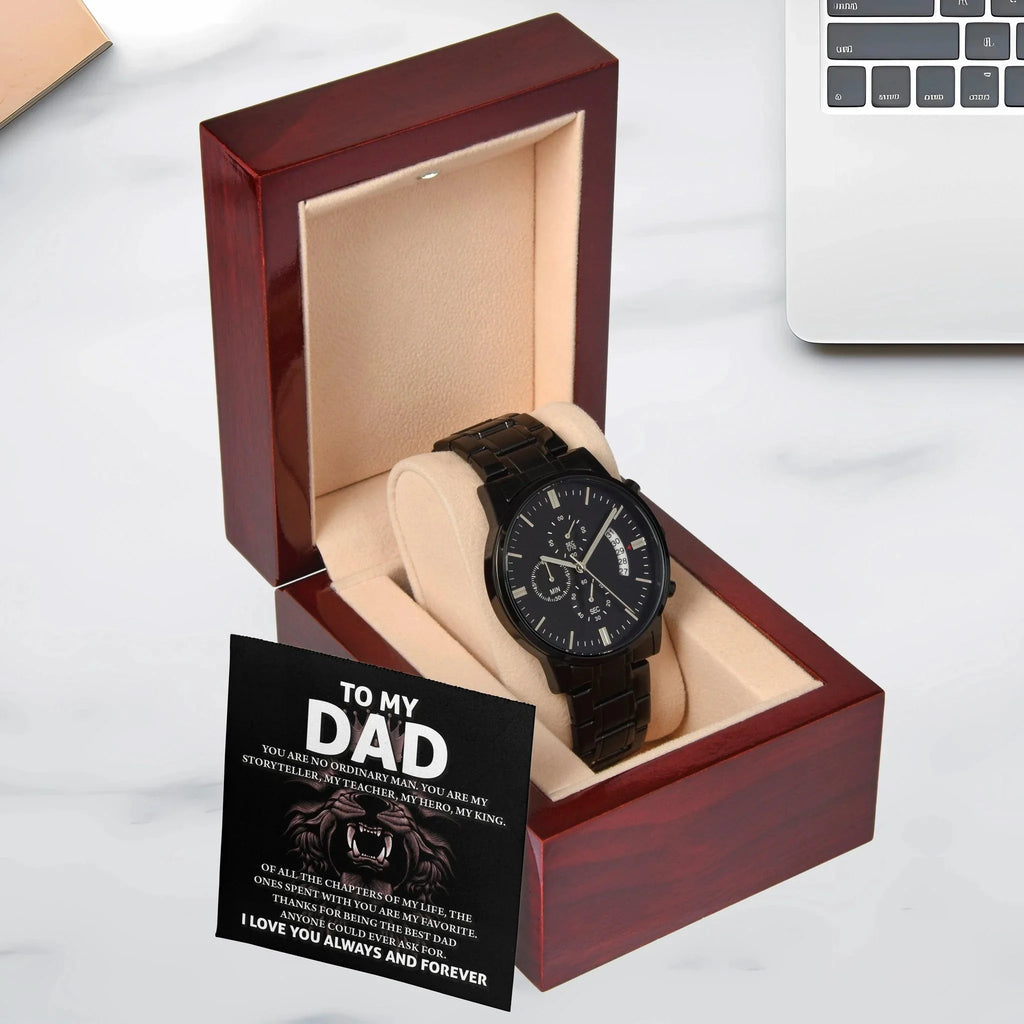 To My Dad Black Chronograph Watch – Hero Lion King Father Message Card Sentimental Father's Day Gift from Son or Daughter