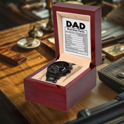 Dad Gift - Funny Nutrition Facts - Black Chronograph Watch - Mallard Moon Gift Shop