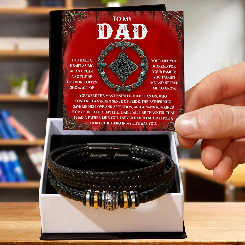 To My Dad Vegan Leather Bracelet Birthday, Father's Day Gift with Celtic-Inspired “Ocean Heart” Message Card
