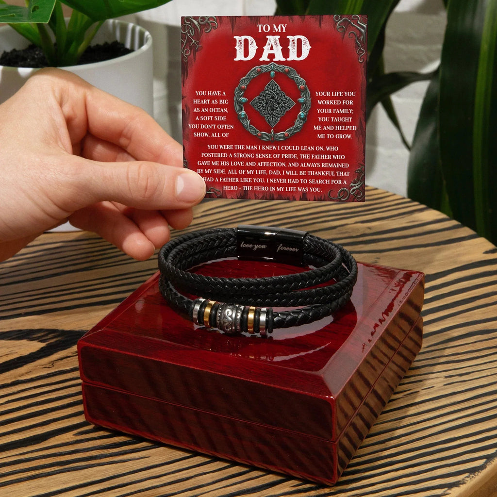 To My Dad Vegan Leather Bracelet Birthday, Father's Day Gift with Celtic-Inspired “Ocean Heart” Message Card