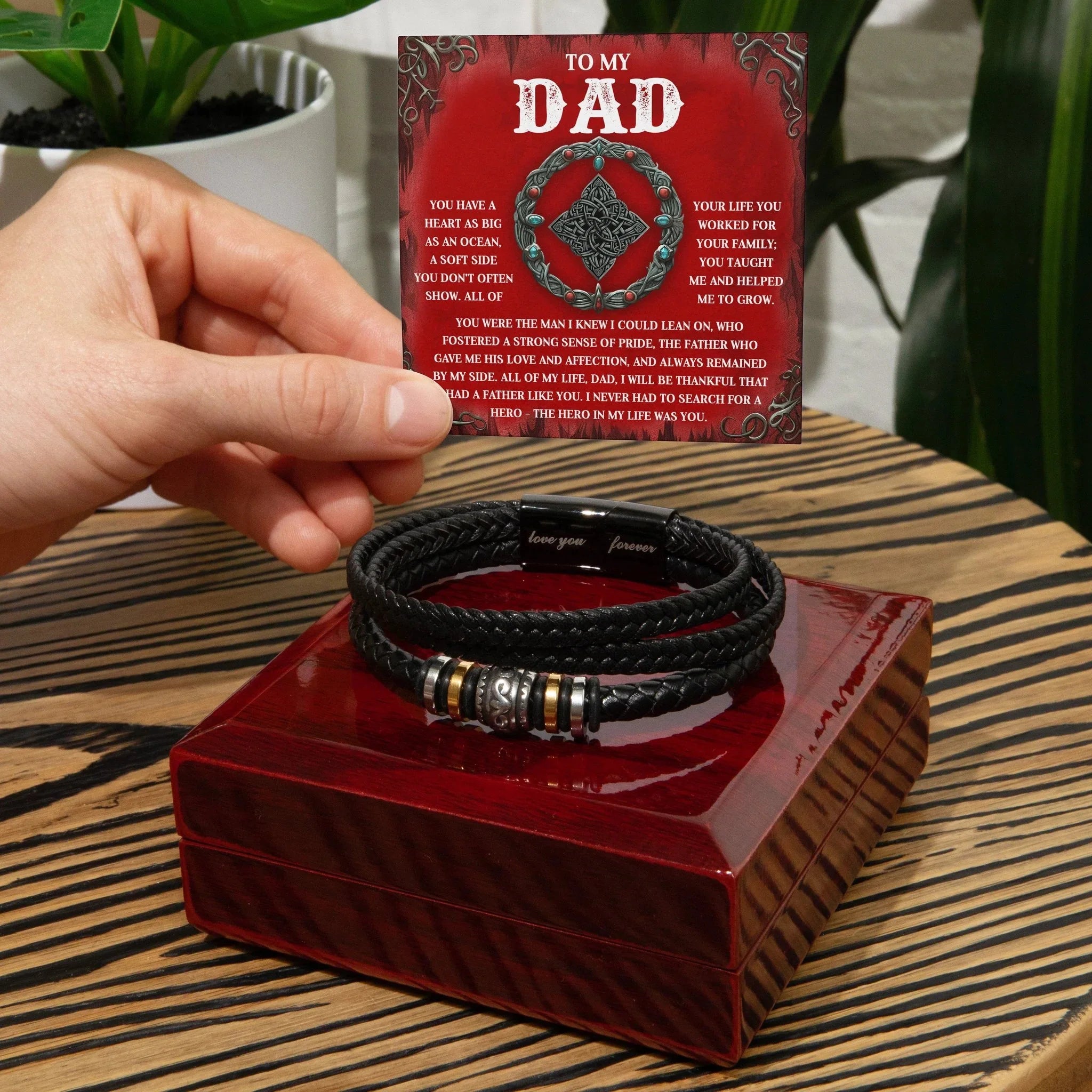 To My Dad Vegan Leather Bracelet Birthday, Father's Day Gift with Celtic-Inspired “Ocean Heart” Message Card