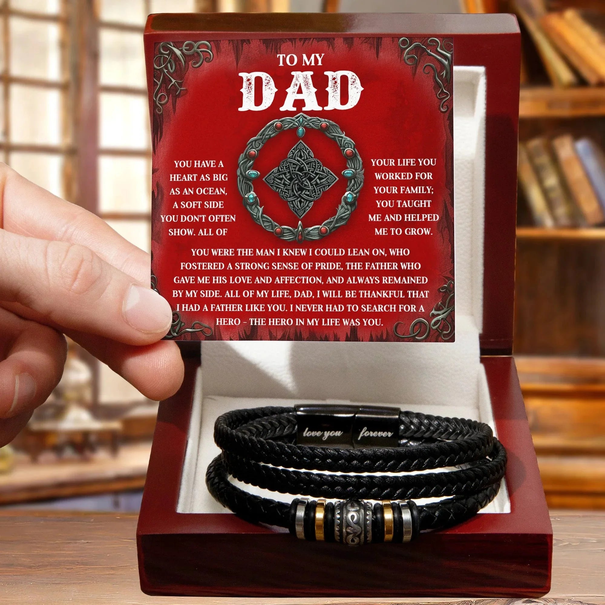 To My Dad Vegan Leather Bracelet Birthday, Father's Day Gift with Celtic-Inspired “Ocean Heart” Message Card