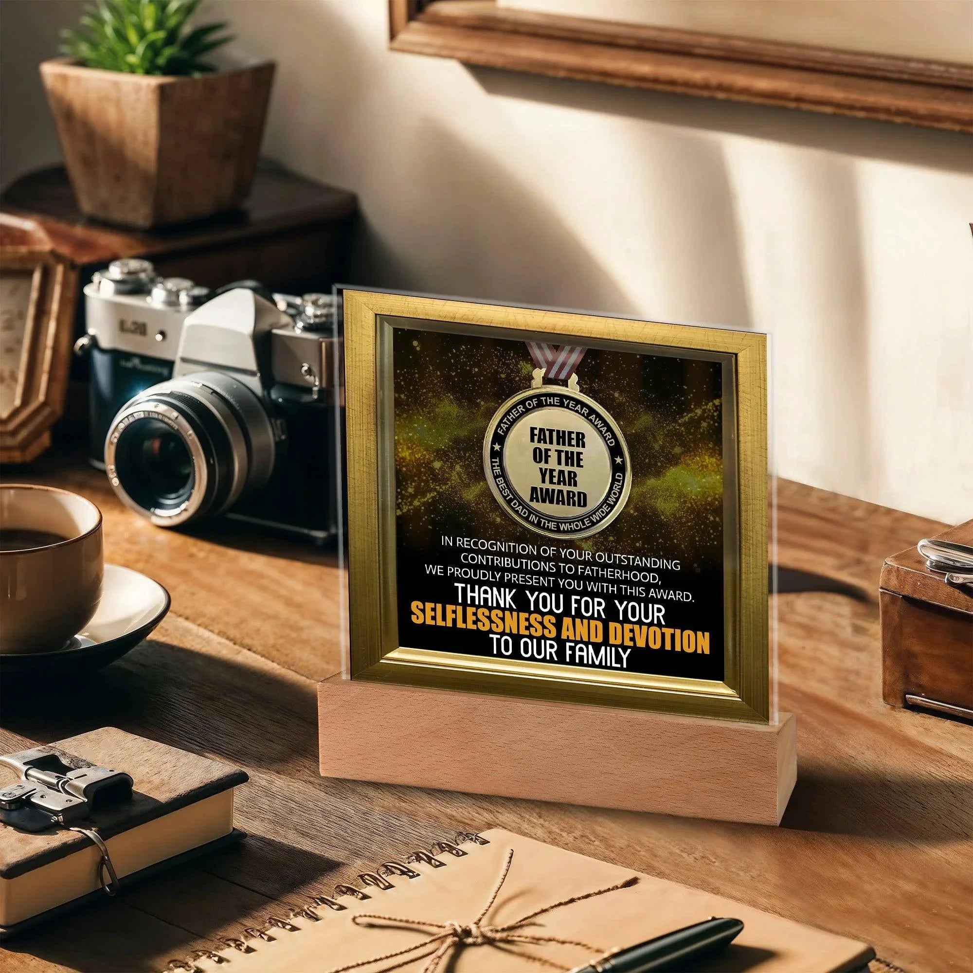 Father of the Year Award Acrylic Plaque with LED Light Base – Funny Best Dad Ever Gift from Kids – Selflessness and Devotion Tribute – Father's Day Display Sign – USB or Battery Option